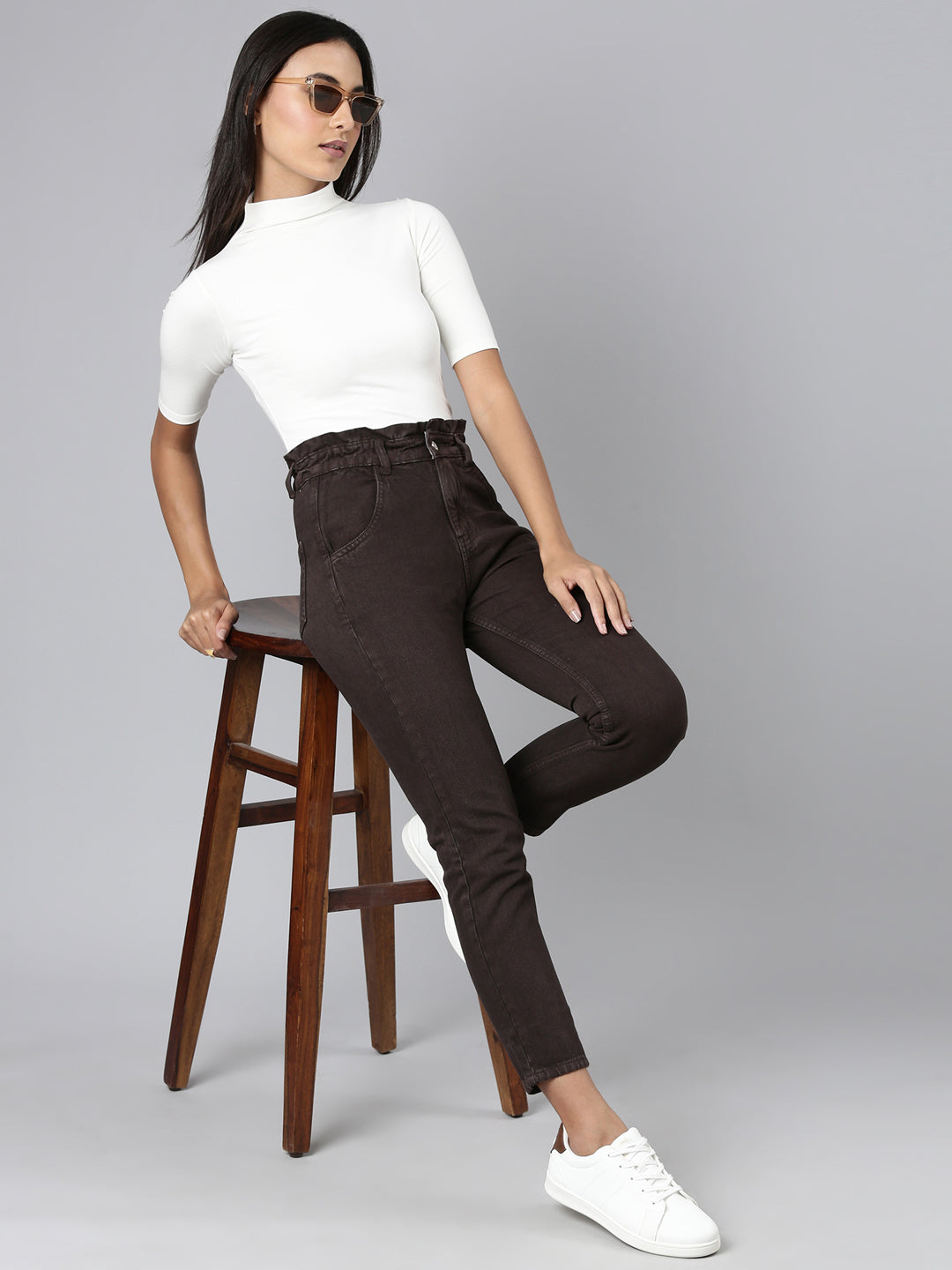 Women's Brown Mid-Rise Mom Fit Denim Jeans