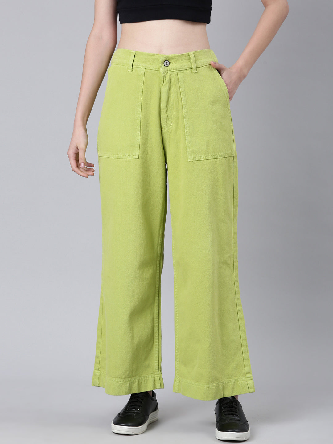 Women's Lime Green Mid Rise Wide Leg Denim Jeans