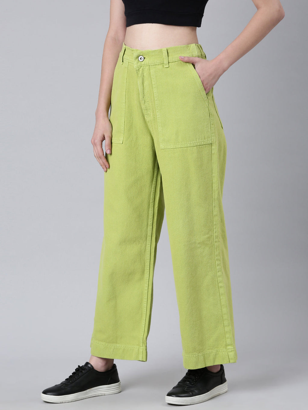 Women's Lime Green Mid Rise Wide Leg Denim Jeans