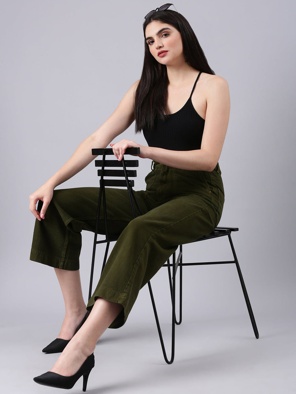 Women's Olive Wide Leg Acid Wash Denim Jeans