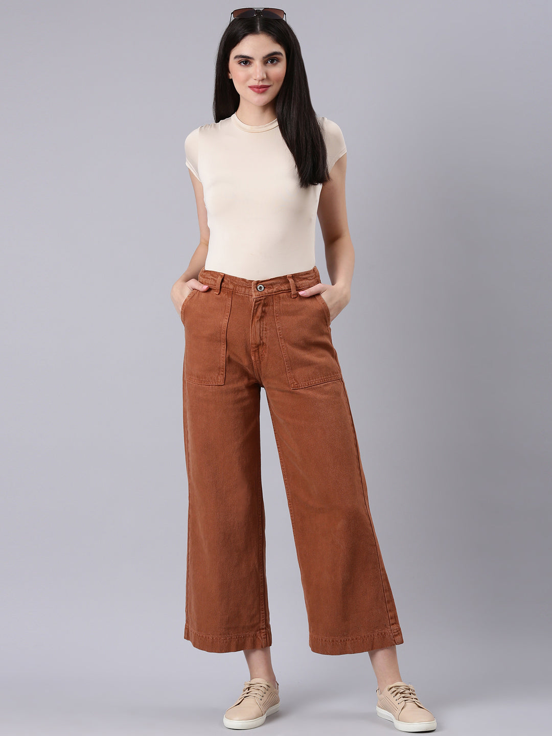 Women's Rust Wide Leg Acid Wash Denim Jeans