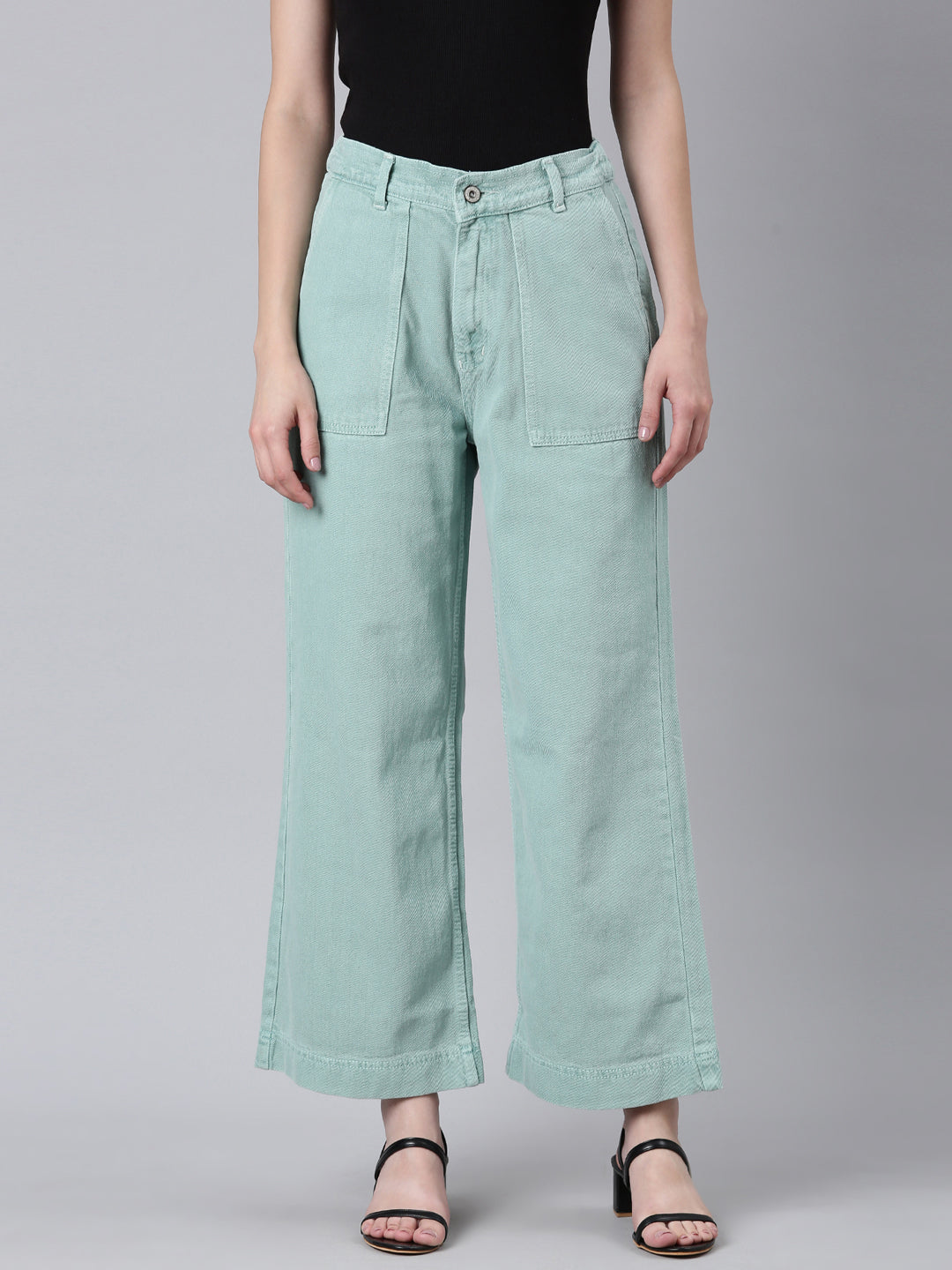 Women's Sea Green Wide Leg Acid Wash Mid-Rise Denim Jeans