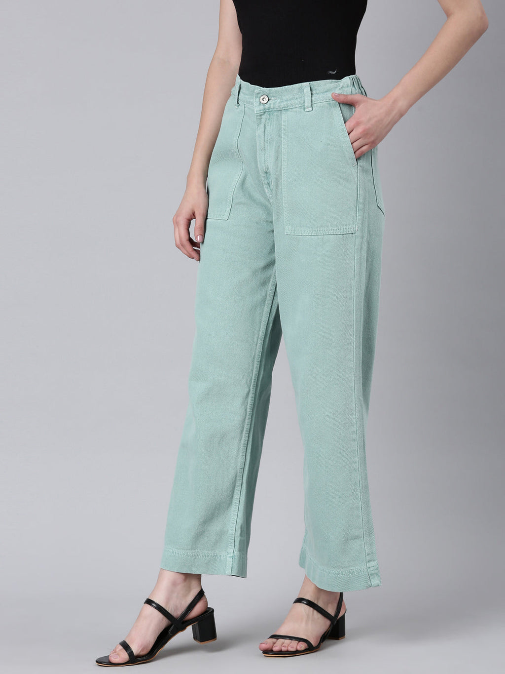 Women's Sea Green Wide Leg Acid Wash Mid-Rise Denim Jeans