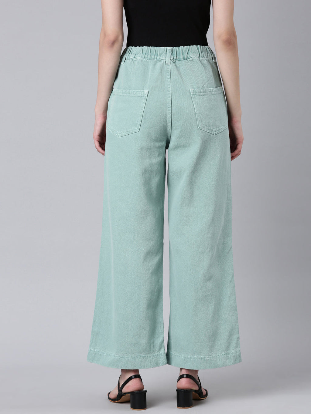Women's Sea Green Wide Leg Acid Wash Mid-Rise Denim Jeans