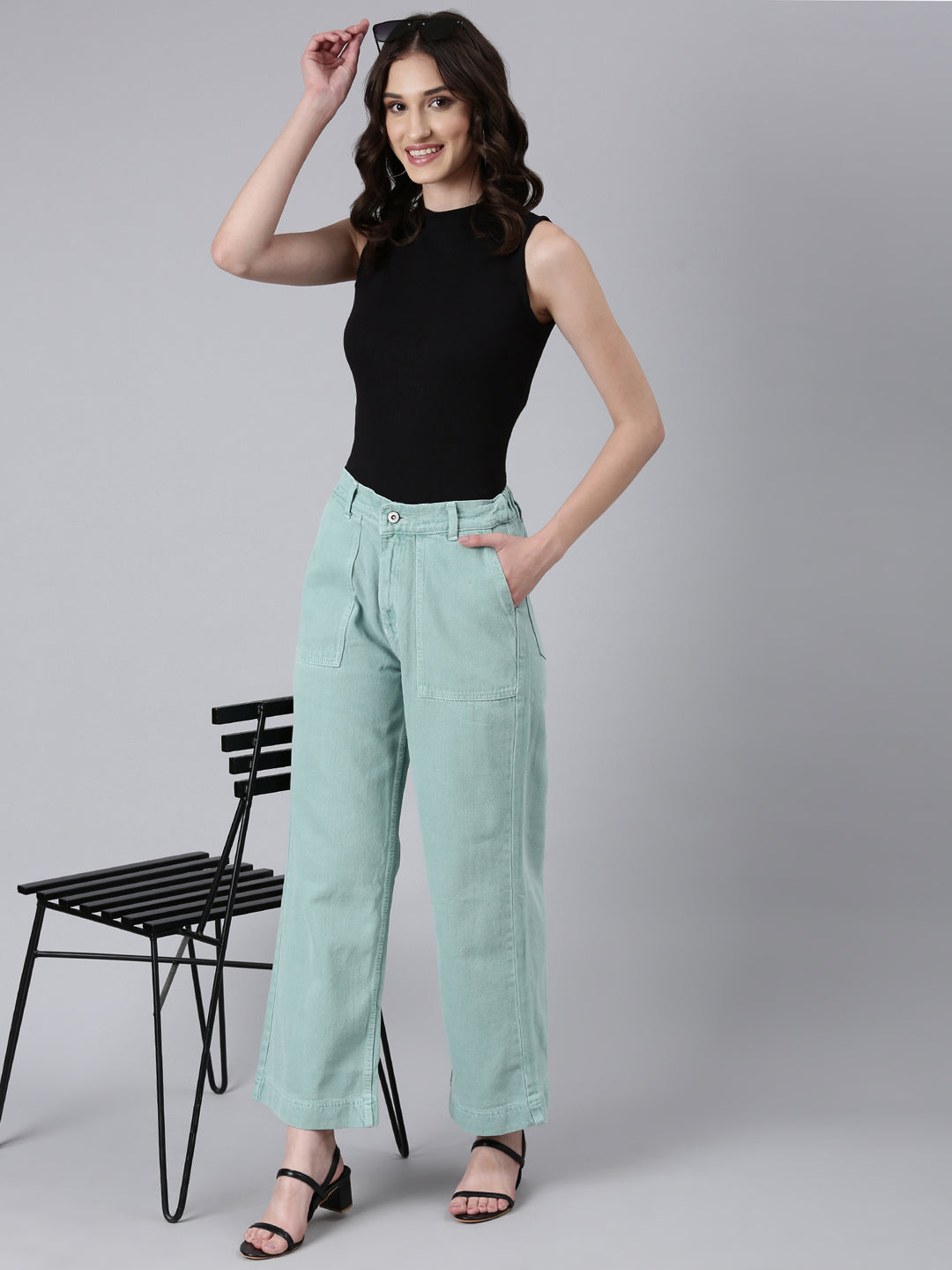 Women's Sea Green Wide Leg Acid Wash Mid-Rise Denim Jeans