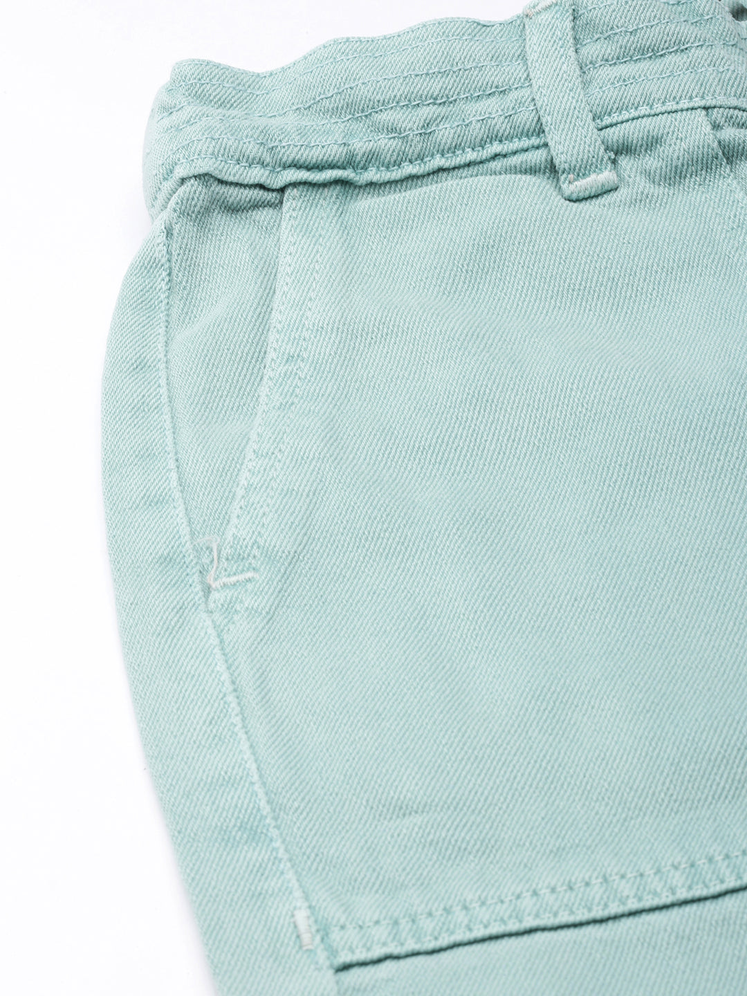 Women's Sea Green Wide Leg Acid Wash Mid-Rise Denim Jeans