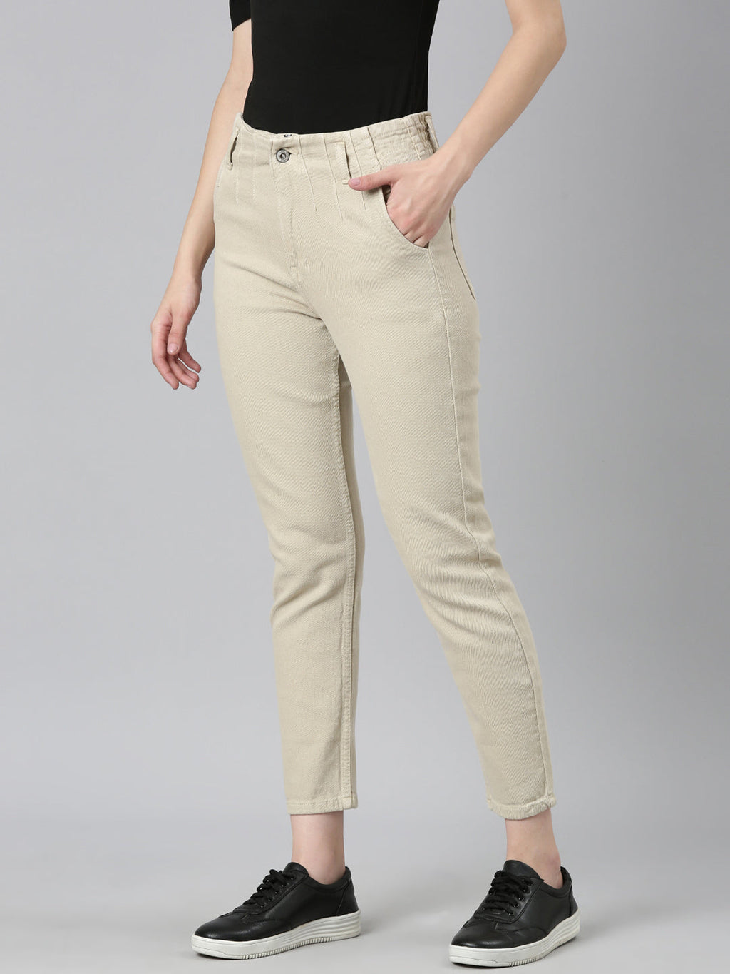 Women's Beige Mid-Rise Denim Jeans