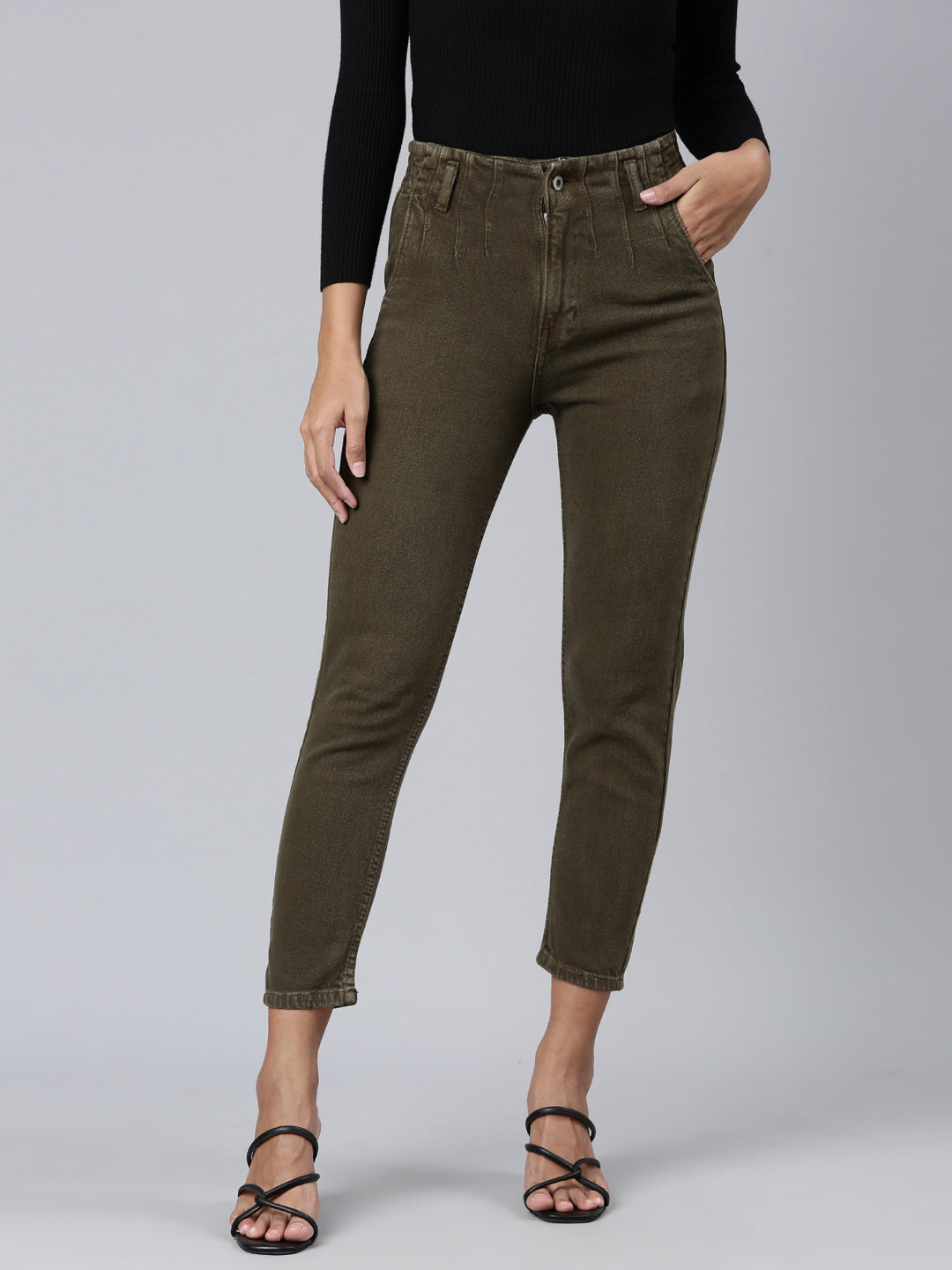 Women's Olive Mid Rise Mom Fit Denim Jeans