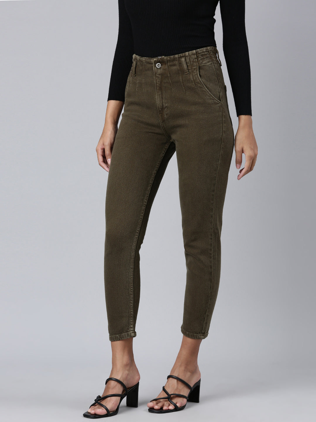 Women's Olive Mid Rise Mom Fit Denim Jeans
