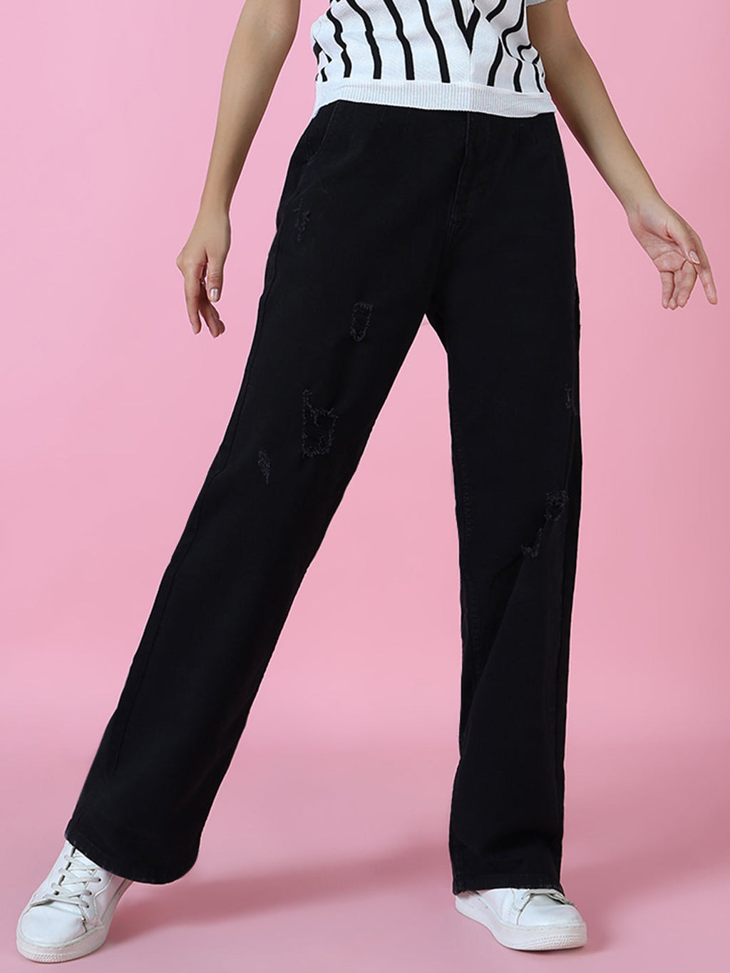 Women's Black Straight Fit Acid Wash Denim Jeans