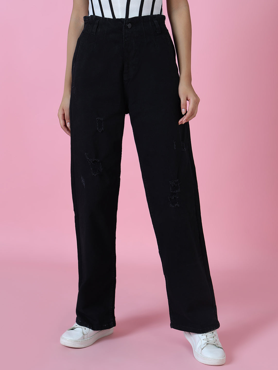 Women's Black Straight Fit Acid Wash Denim Jeans