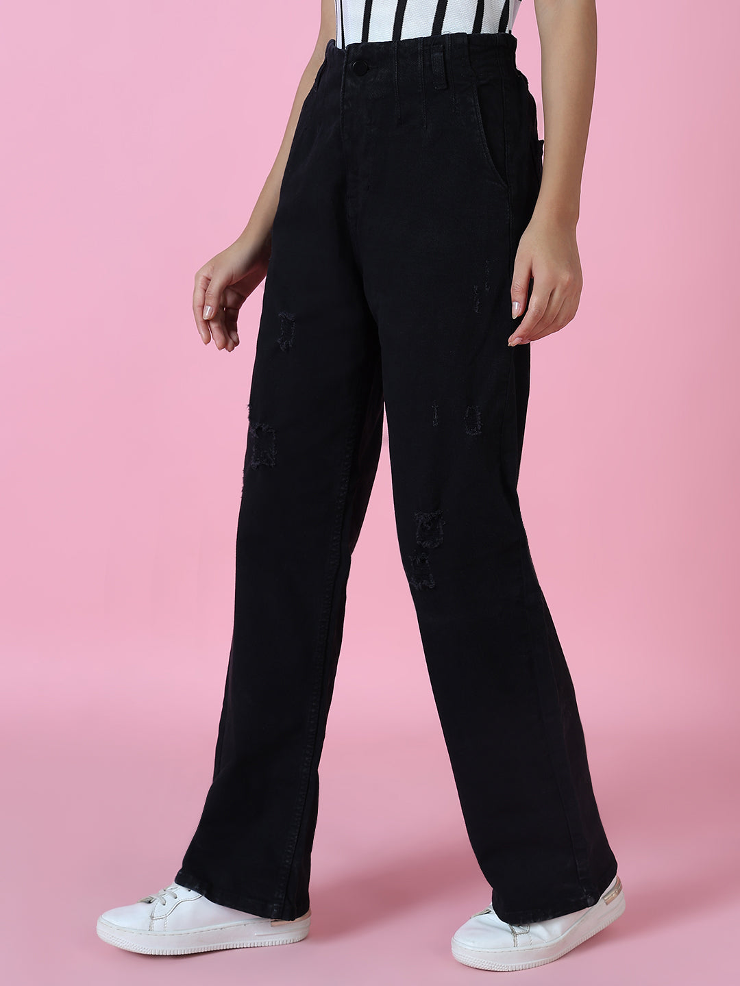 Women's Black Straight Fit Acid Wash Denim Jeans