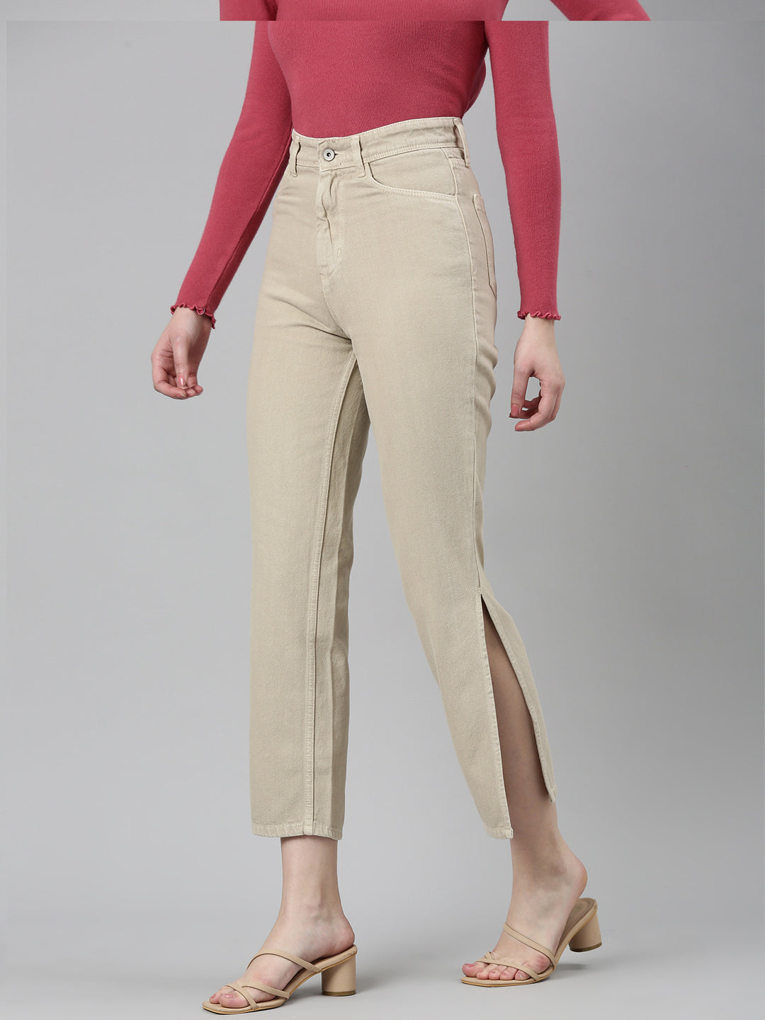 Women's Beige High Rise Denim Jeans
