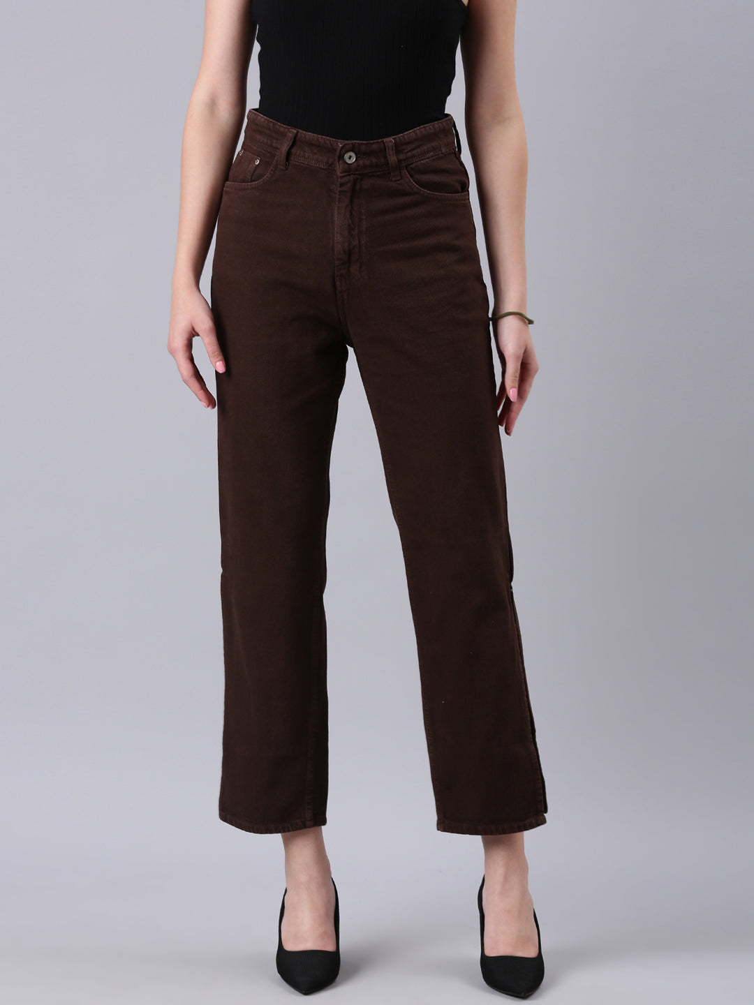 Women's Brown Clean Look Mid-Rise Wide Leg Denim Jeans