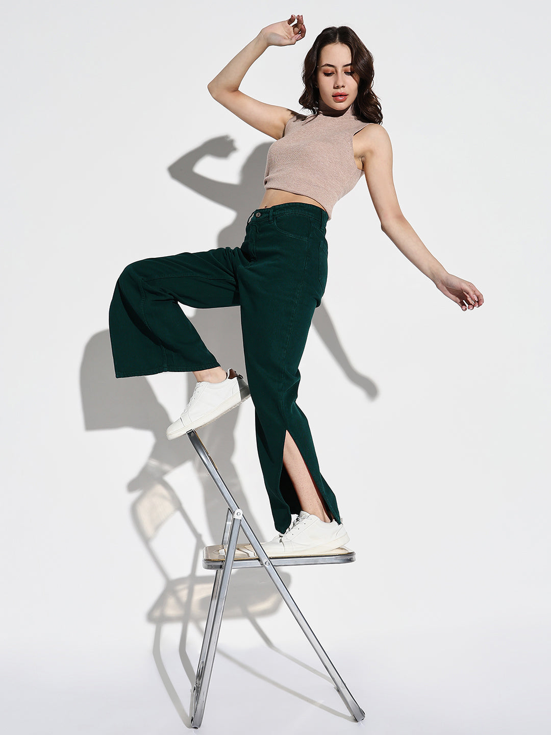 Women's Green Comfort Wide Leg Acid Wash Stretchable Jeans