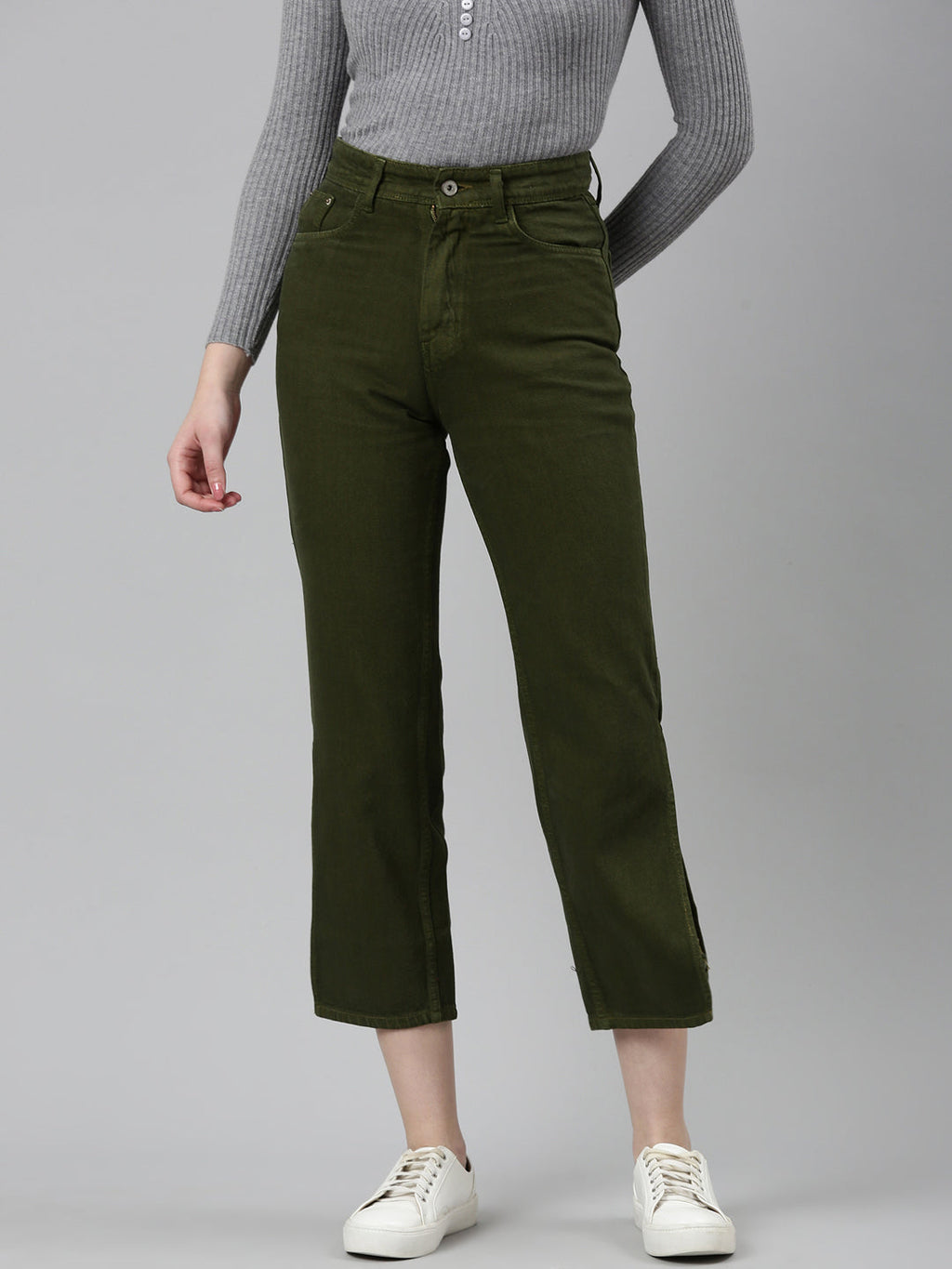 Women's Olive Straight Fit Denim Cotton Jeans