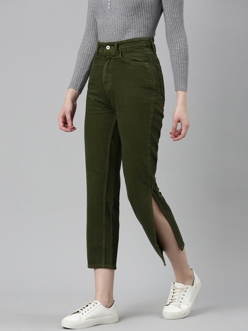 Women's Olive Straight Fit Denim Cotton Jeans