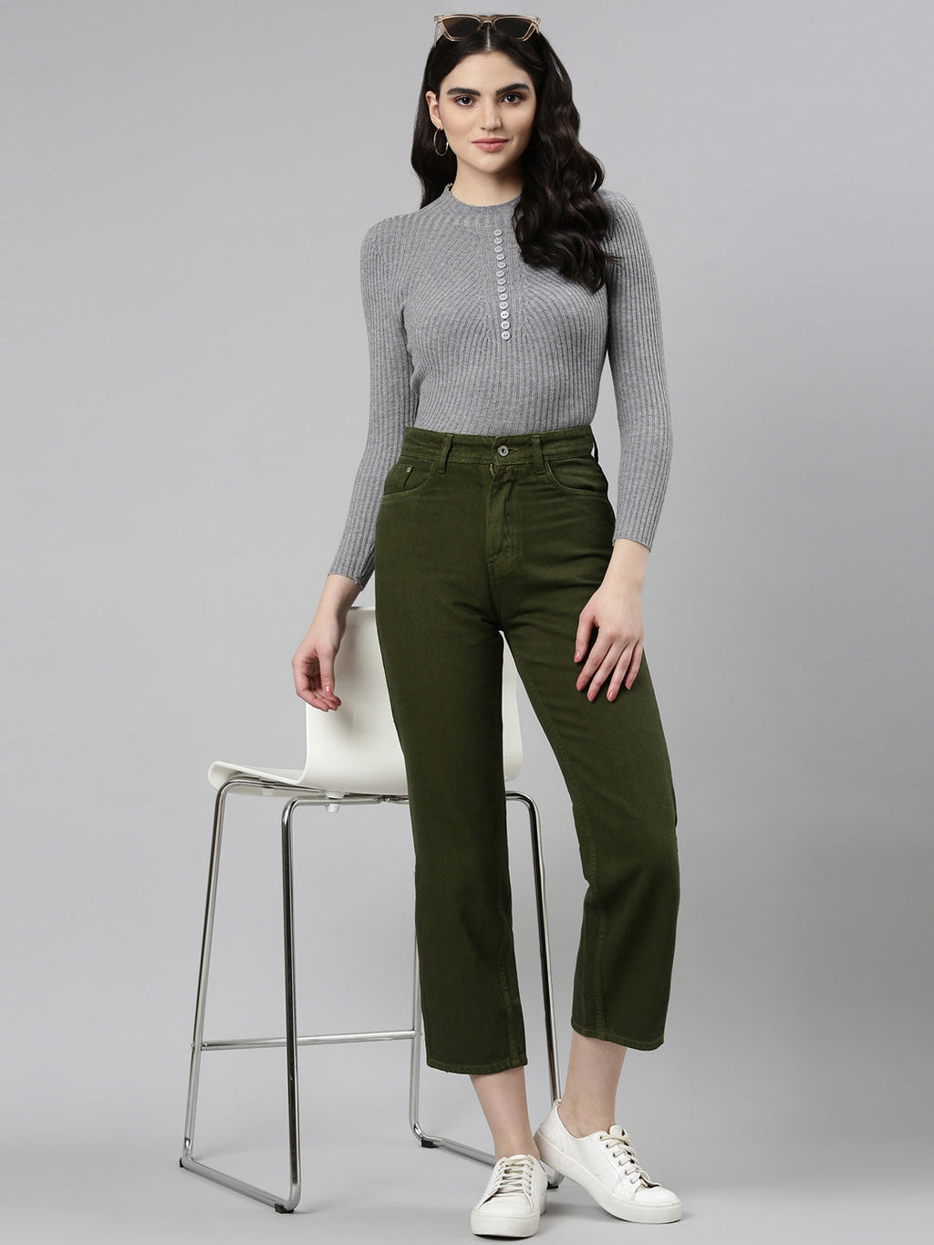 Women's Olive Straight Fit Denim Cotton Jeans