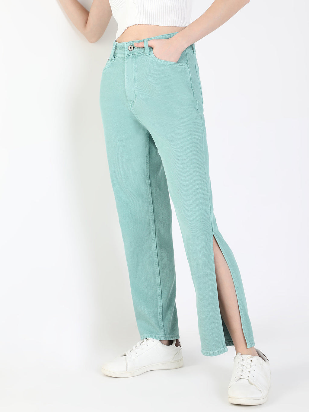 Women's Sea Green Jean Straight Fit Mid-Rise Acid Wash Jeans