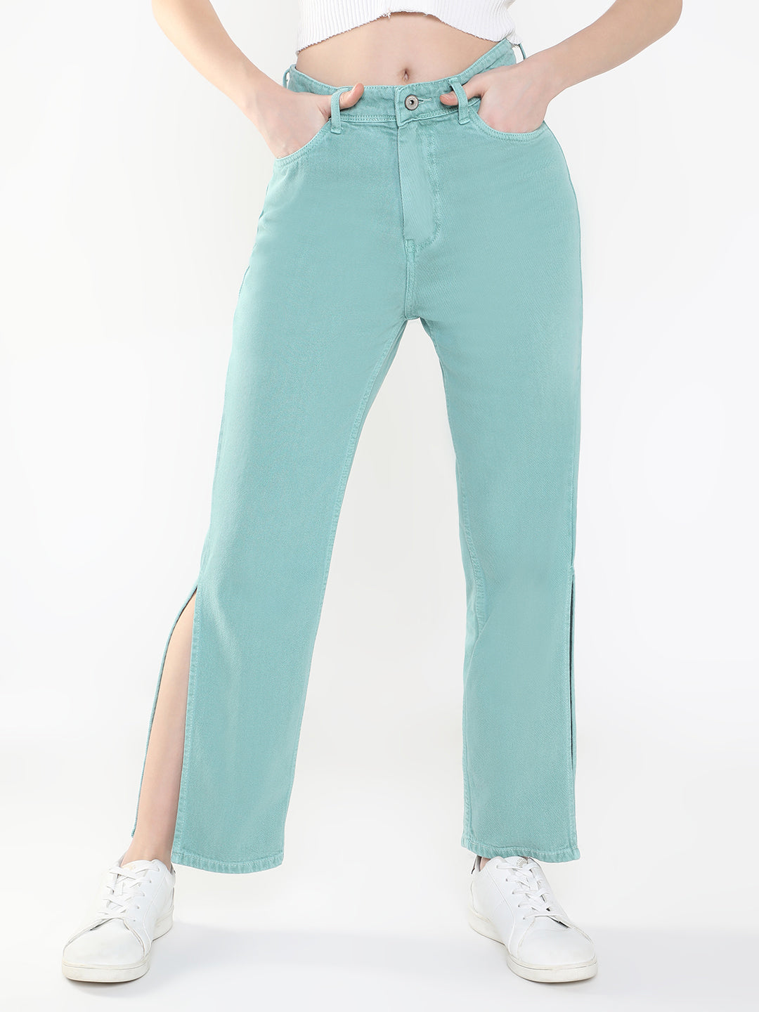 Women's Sea Green Jean Straight Fit Mid-Rise Acid Wash Jeans