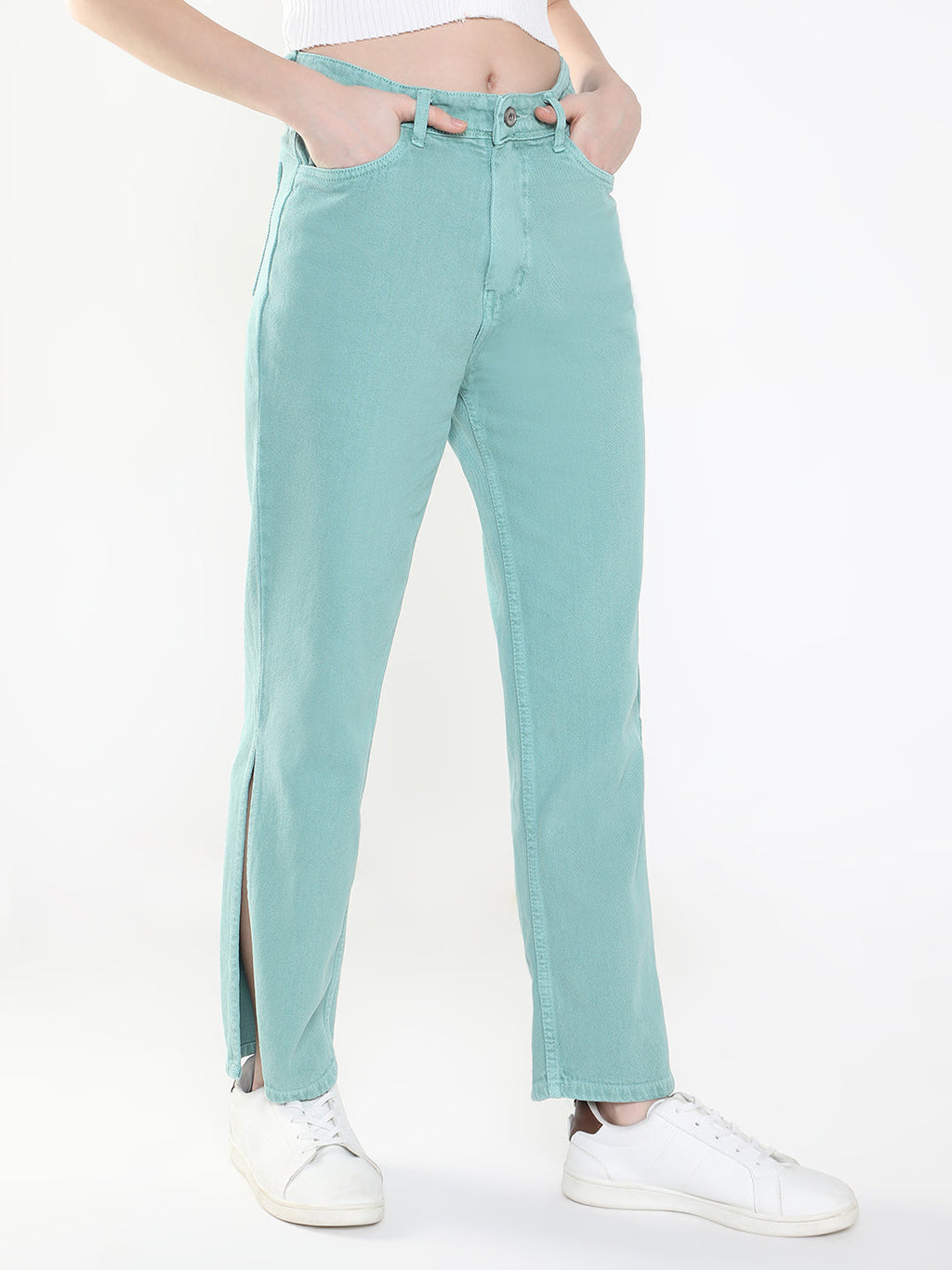Women's Sea Green Jean Straight Fit Mid-Rise Acid Wash Jeans