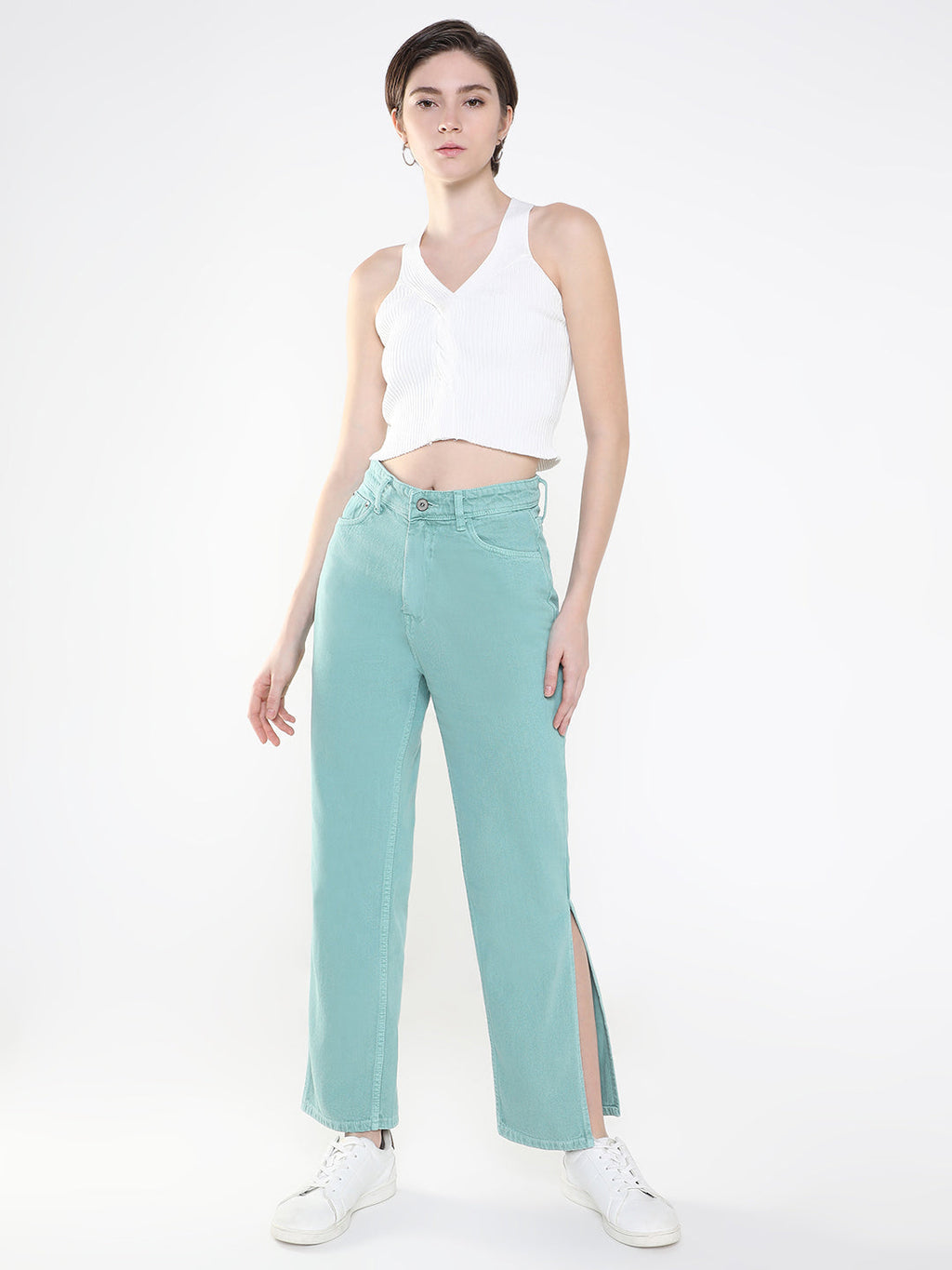 Women's Sea Green Jean Straight Fit Mid-Rise Acid Wash Jeans