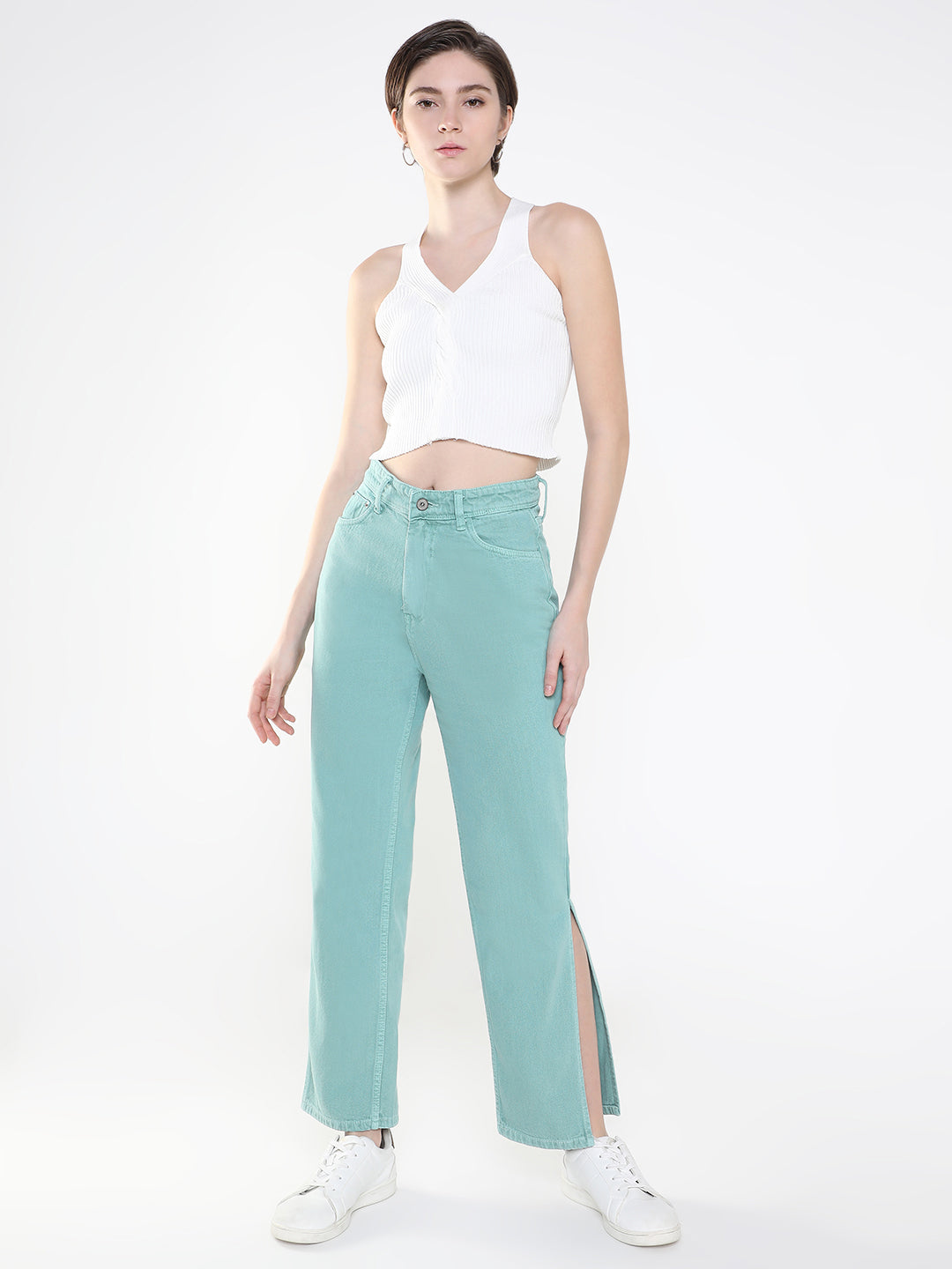 Women's Sea Green Jean Straight Fit Mid-Rise Acid Wash Jeans