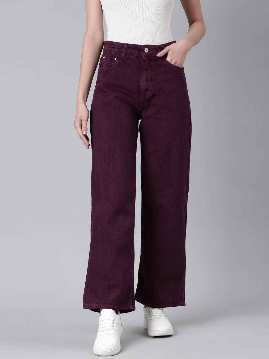 Women's Magenta Wide Leg Slit Hem Denim Jeans