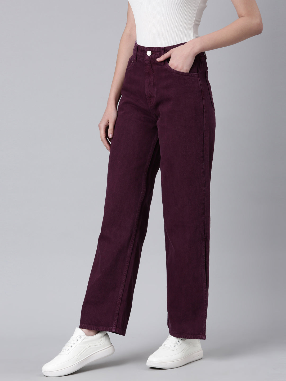 Women's Magenta Wide Leg Slit Hem Denim Jeans
