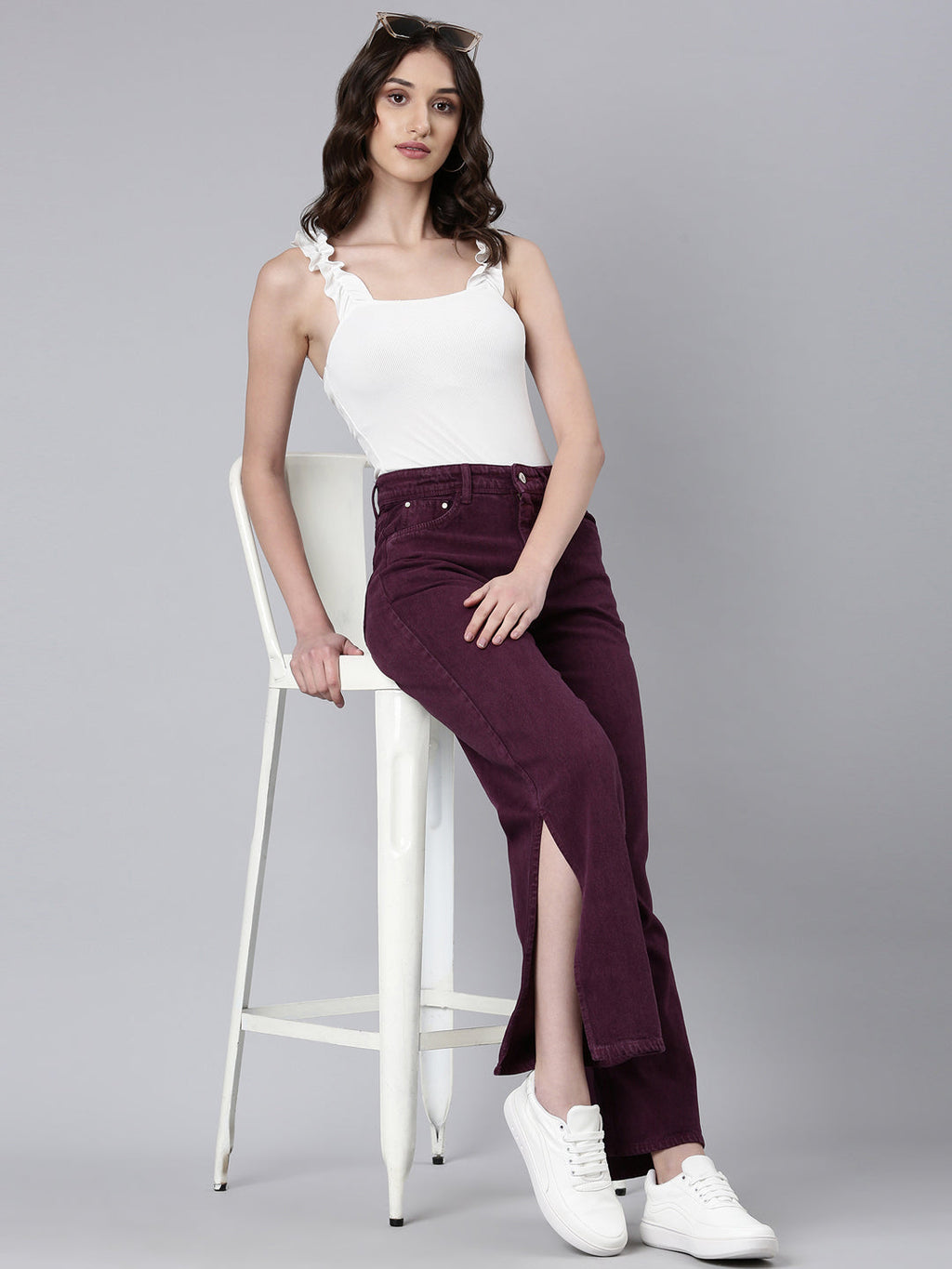 Women's Magenta Wide Leg Slit Hem Denim Jeans