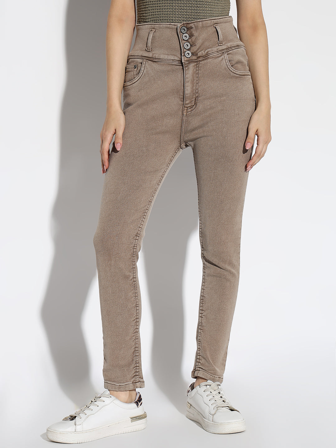 Women's Beige Comfort Slim Fit Light Fade Acid Wash Stretchable Jeans