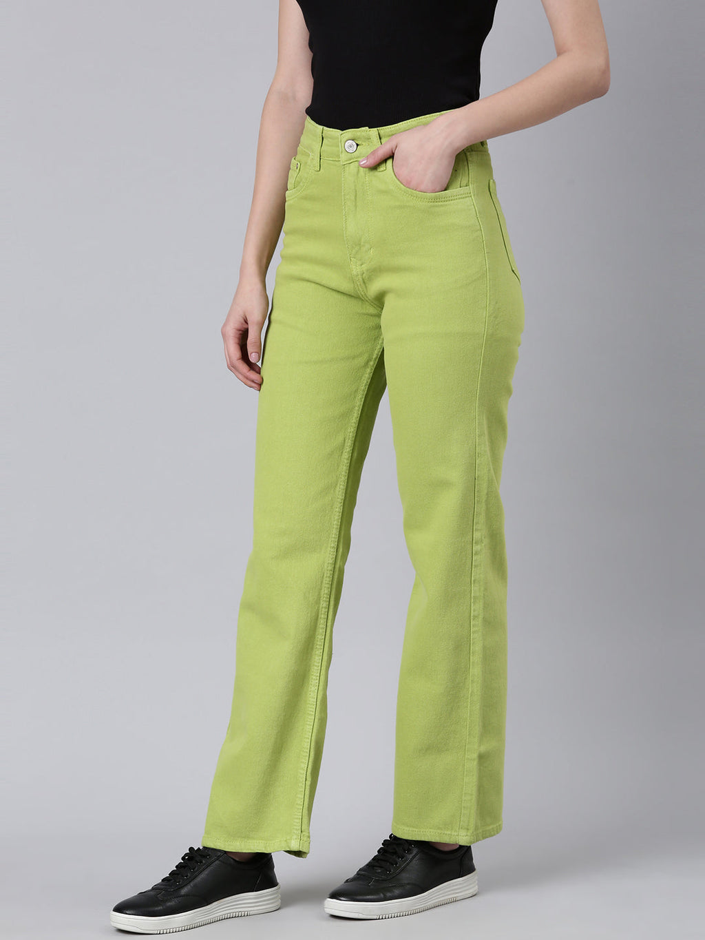 Women's Lime Green Straight Fit Clean Look Acid Wash Denim Jeans