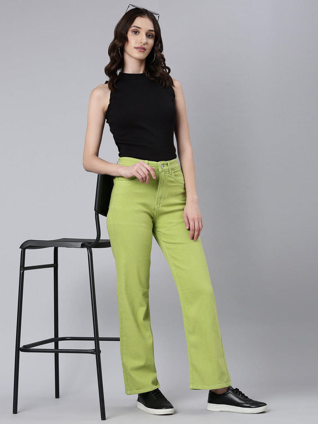 Women's Lime Green Straight Fit Clean Look Acid Wash Denim Jeans