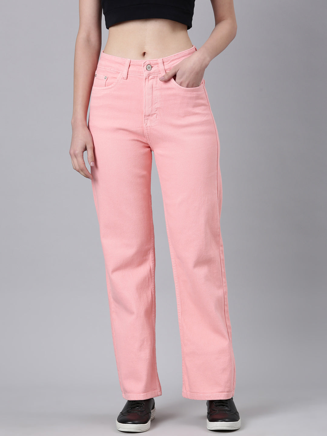 Women's Peach Mid Rise Straight Fit Stretchable Denim Jeans