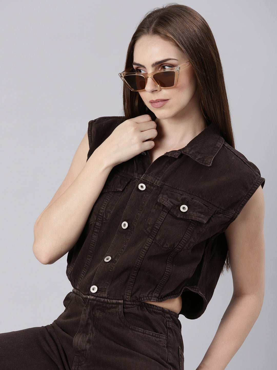 Women's Brown Cotton Shirt Collar Basic Jumpsuit