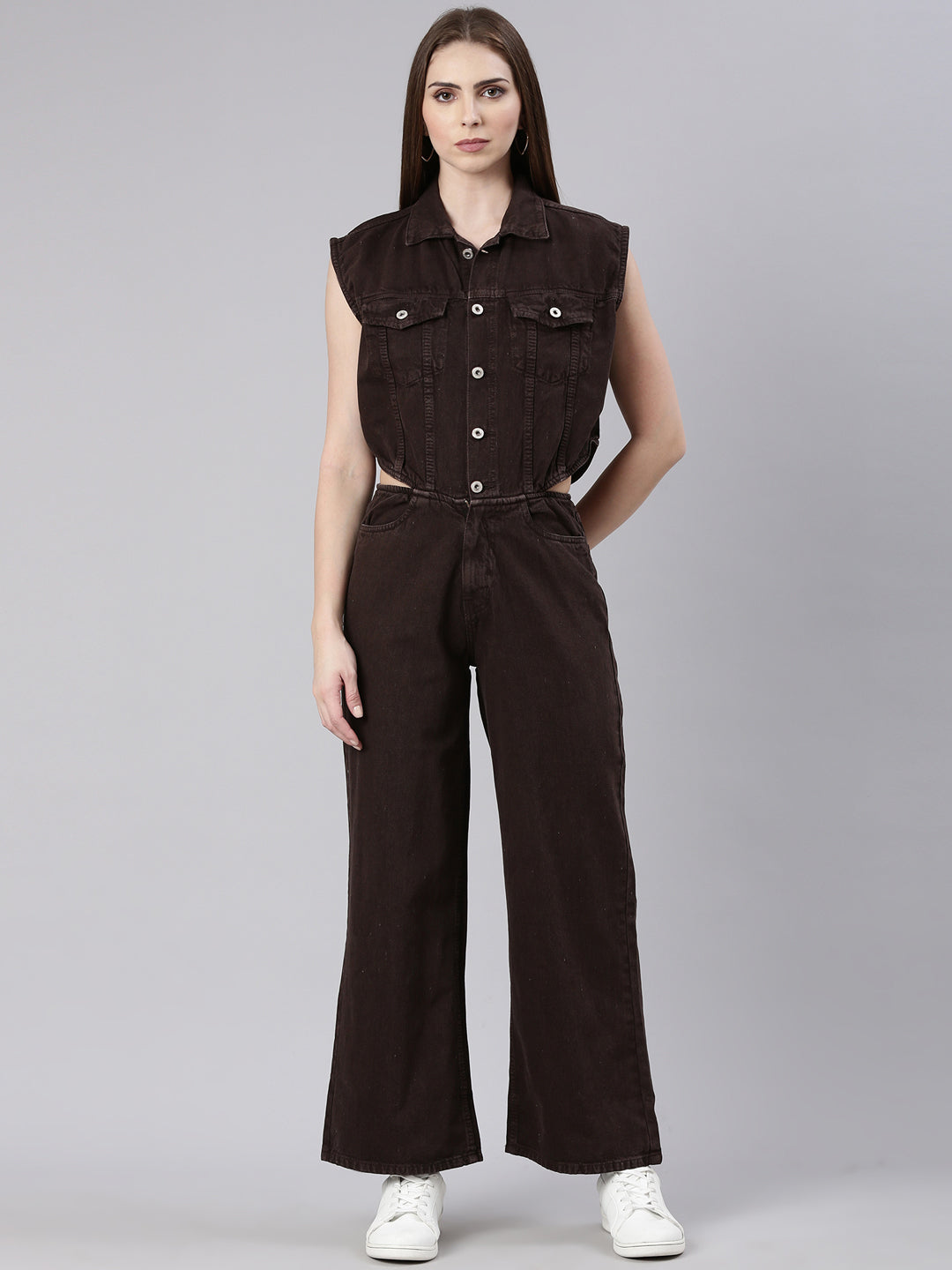 Women's Brown Cotton Shirt Collar Basic Jumpsuit