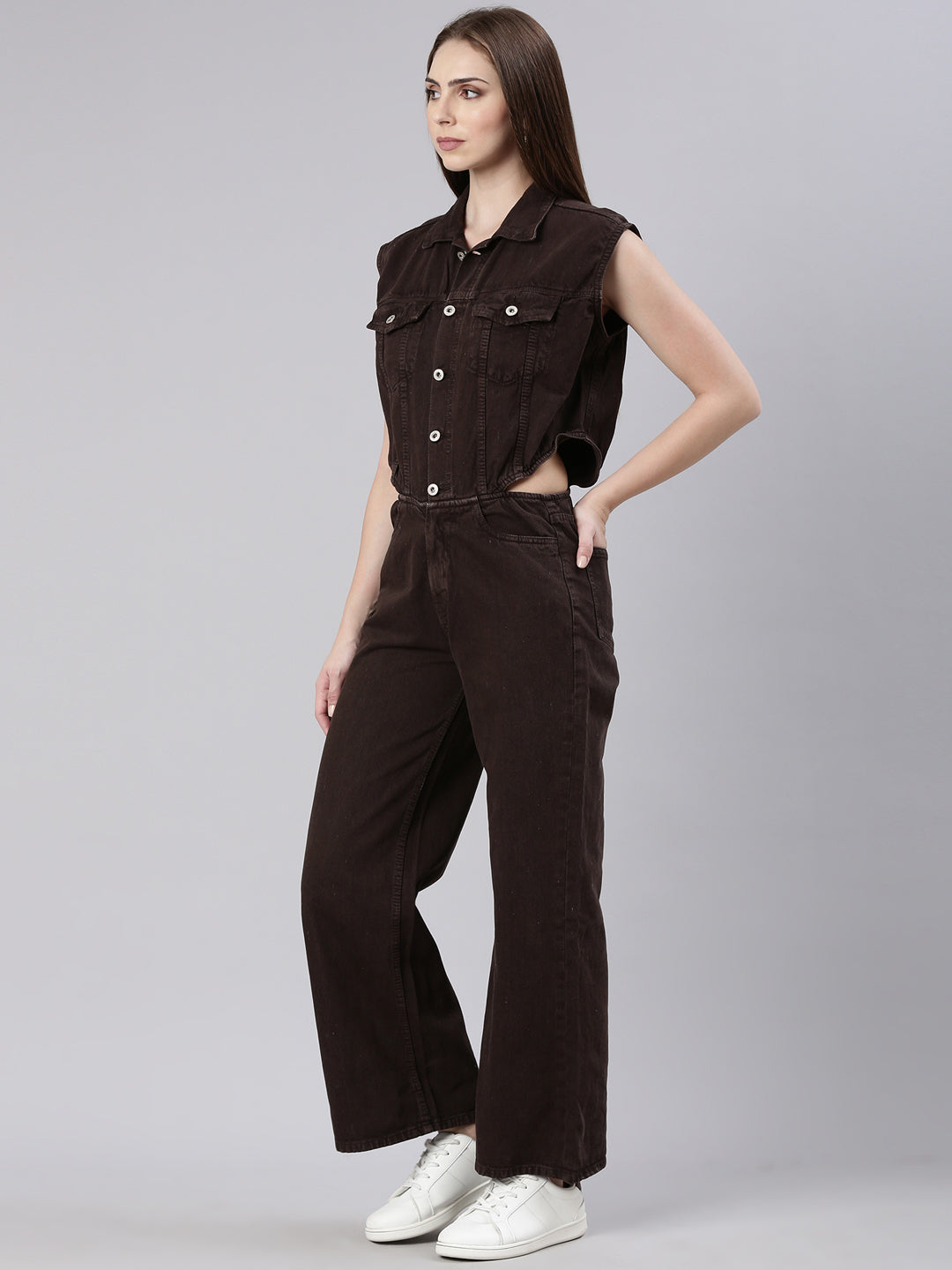 Women's Brown Cotton Shirt Collar Basic Jumpsuit