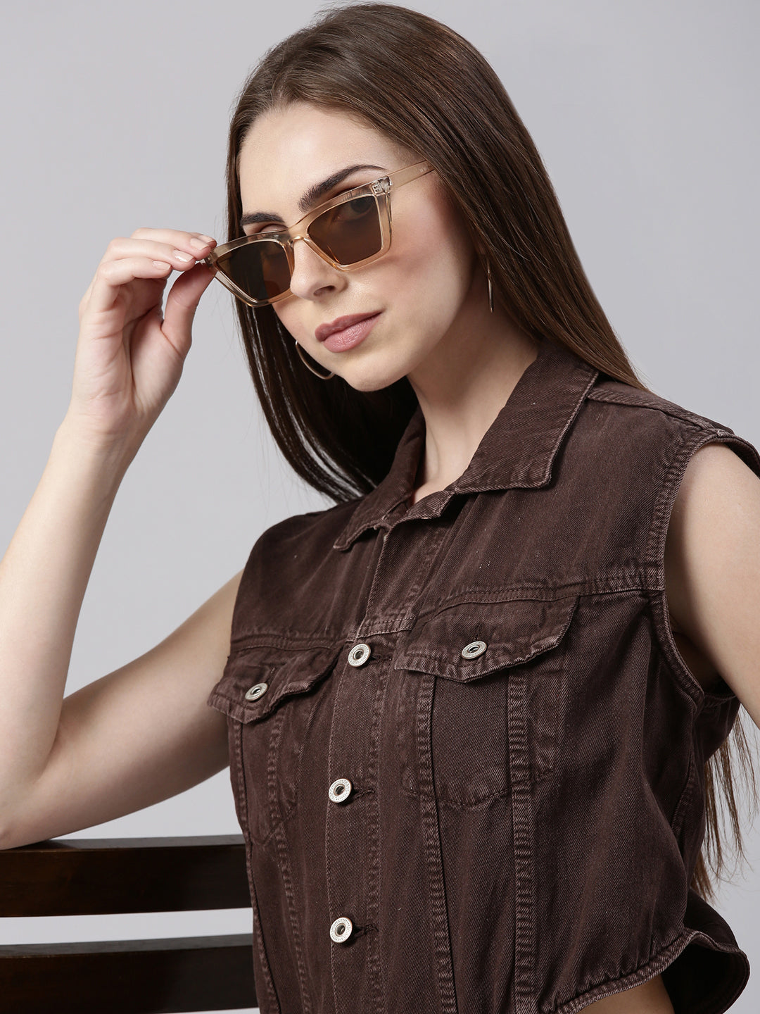 Women's Coffee Brown Shirt Collar Cotton Basic Jumpsuit