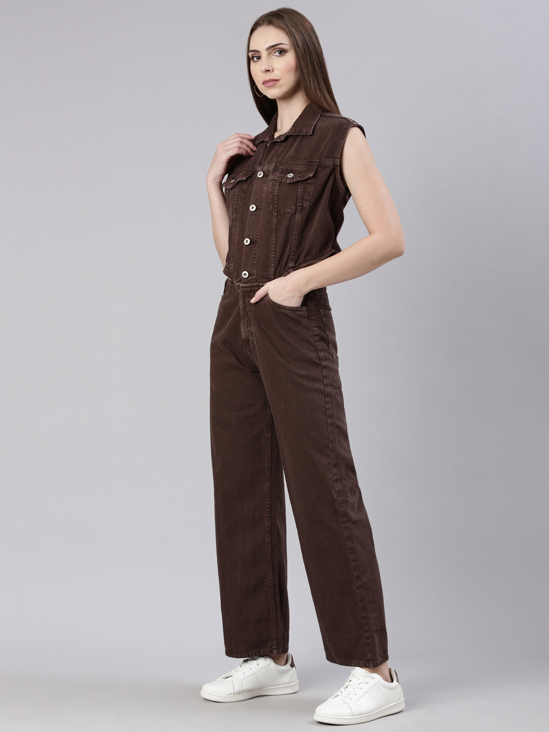Women's Coffee Brown Shirt Collar Cotton Basic Jumpsuit