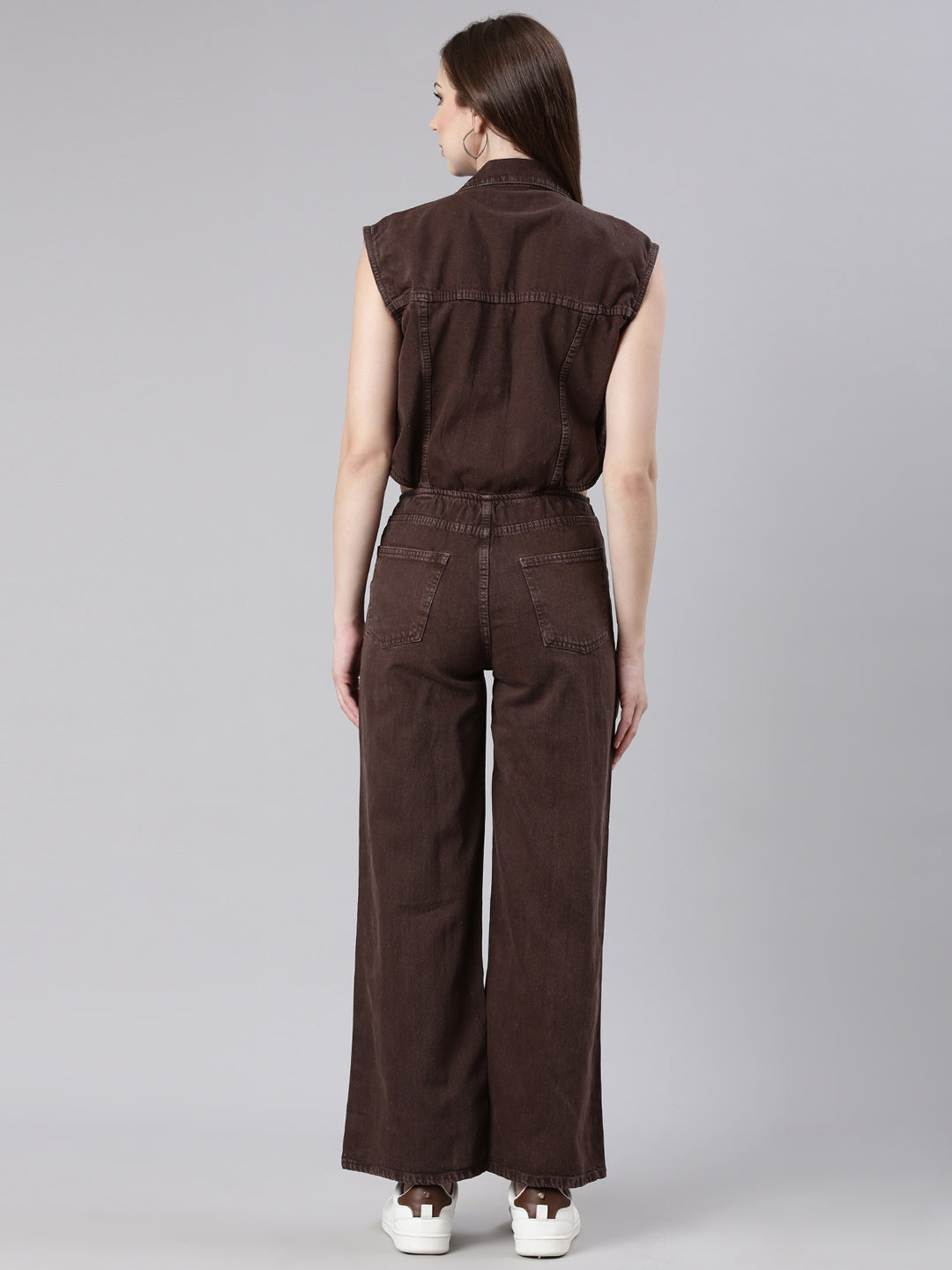 Women's Coffee Brown Shirt Collar Cotton Basic Jumpsuit