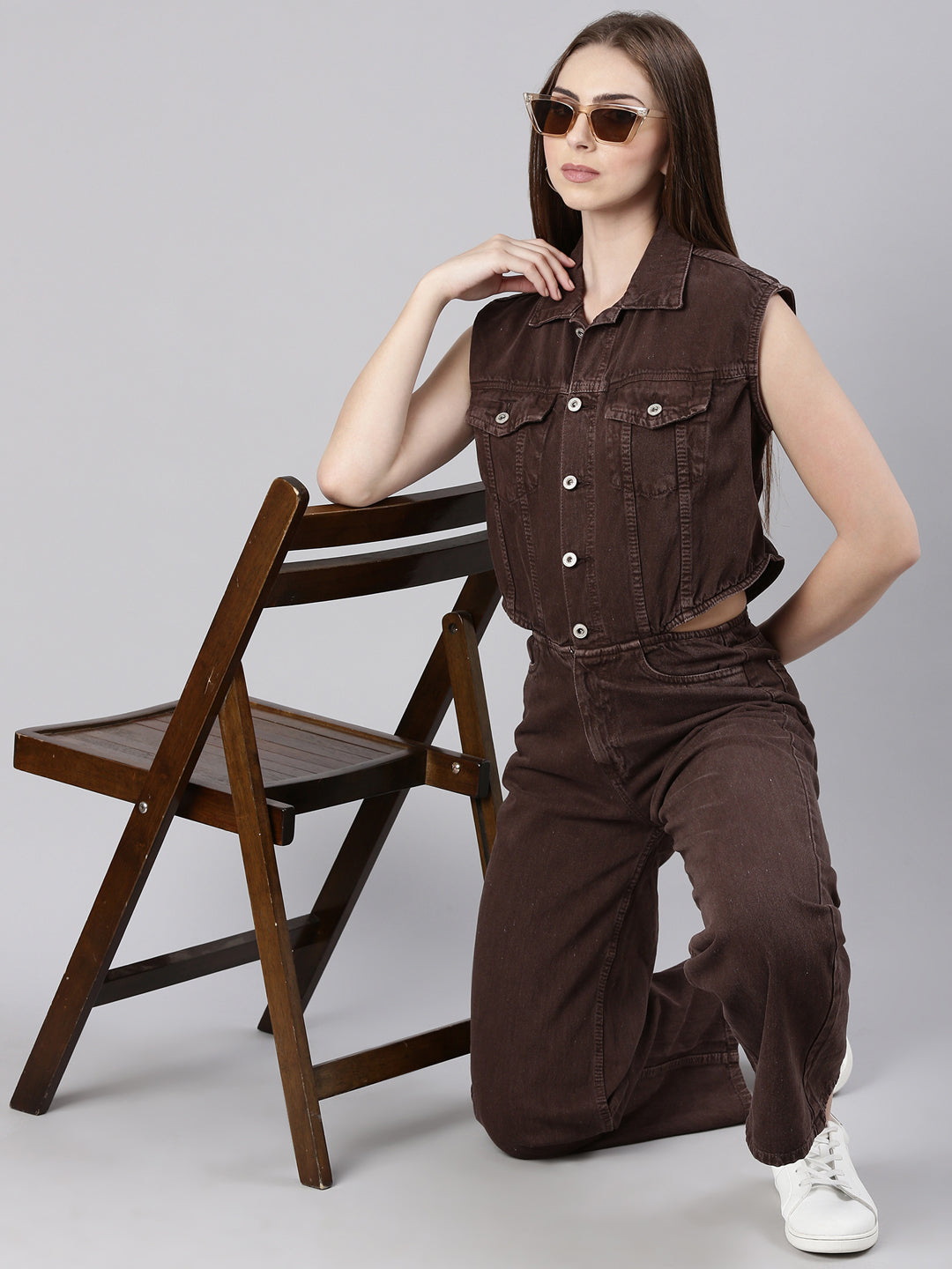 Women's Coffee Brown Shirt Collar Cotton Basic Jumpsuit