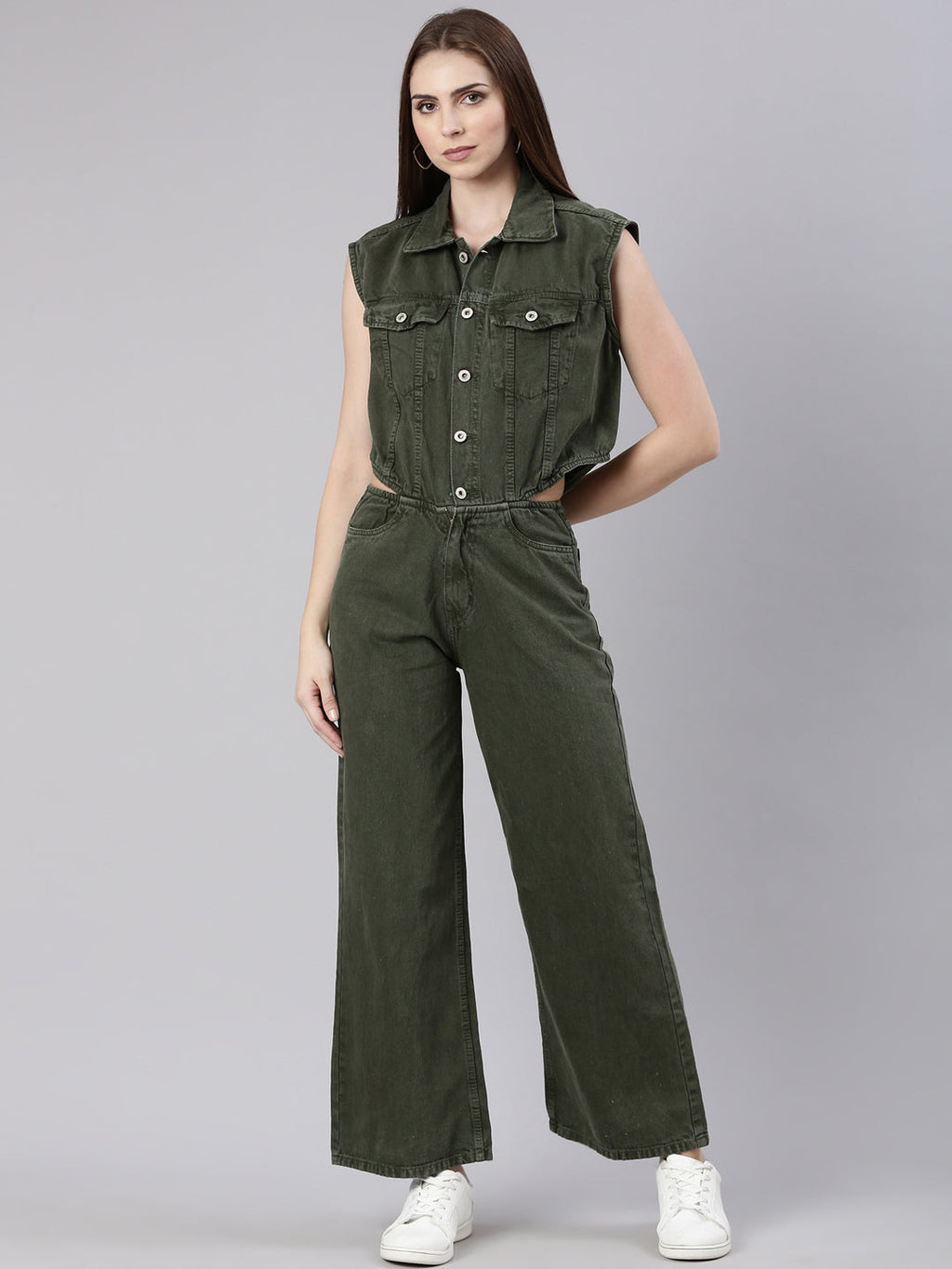 Women's Olive Shirt Collar Cotton Basic Jumpsuit