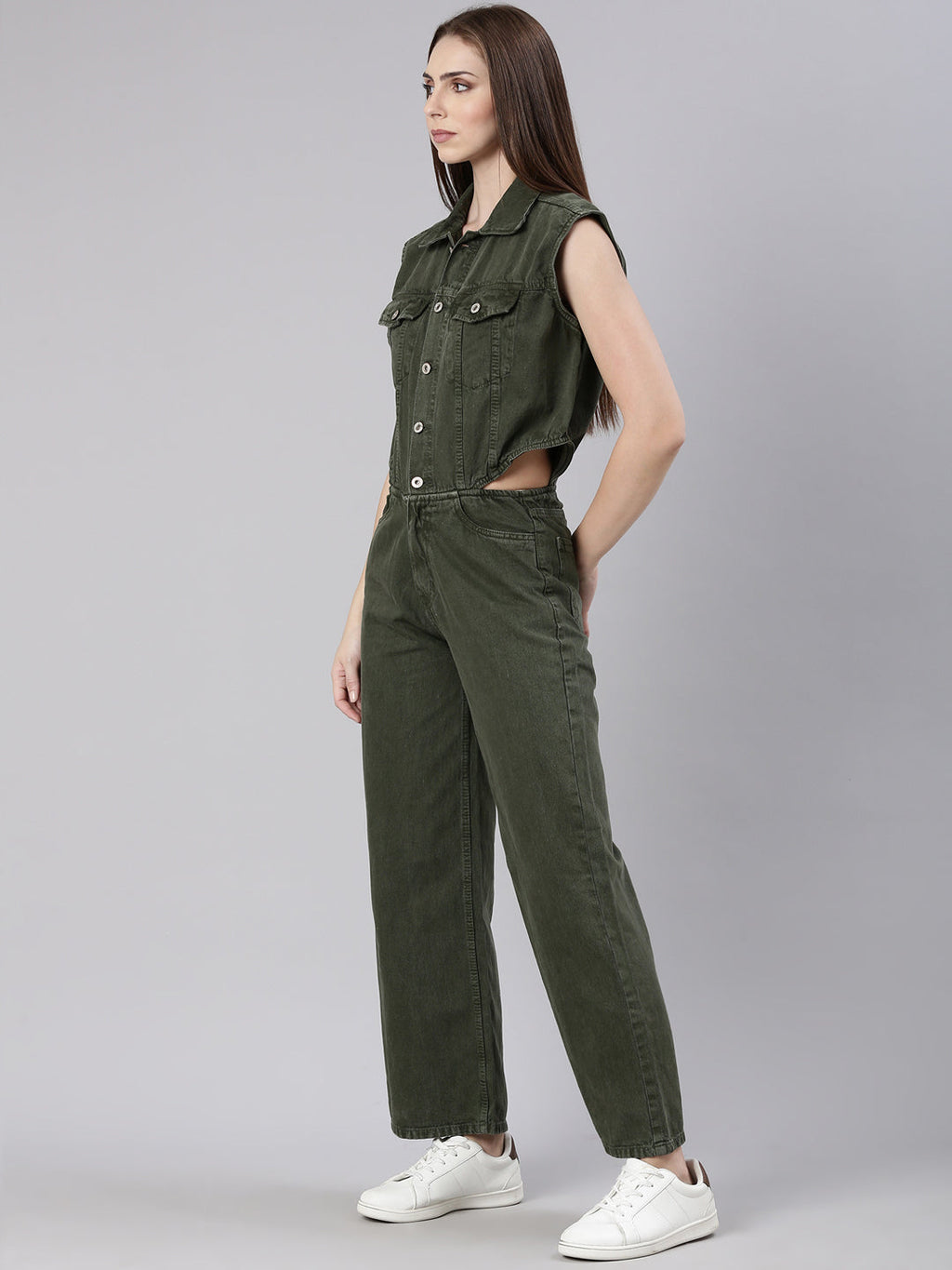 Women's Olive Shirt Collar Cotton Basic Jumpsuit