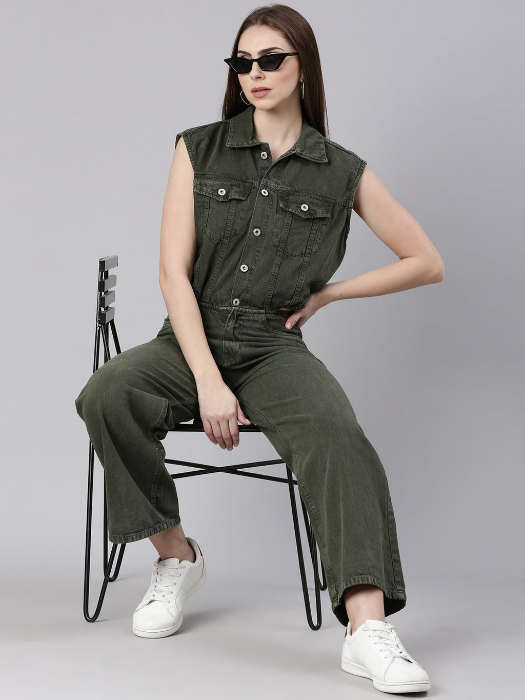 Women's Olive Shirt Collar Cotton Basic Jumpsuit