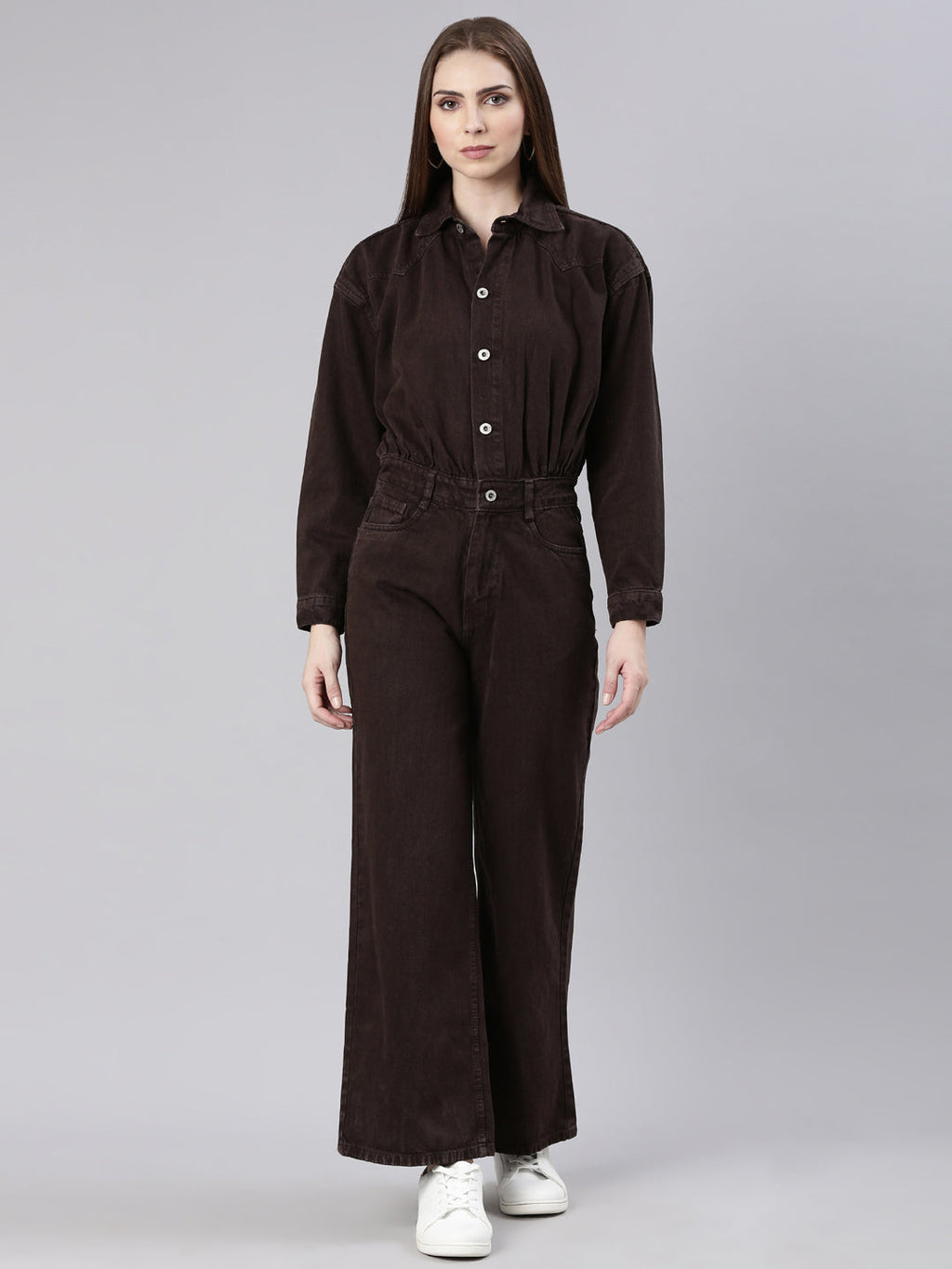 Women's Coffee Brown Shirt Collar Cotton Basic Jumpsuit