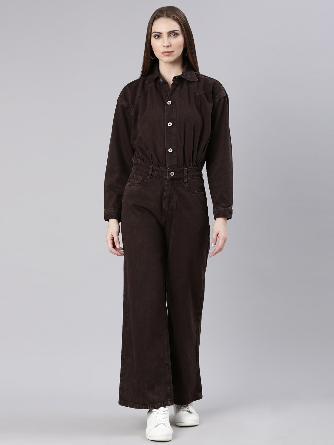 Women's Coffee Brown Shirt Collar Cotton Basic Jumpsuit