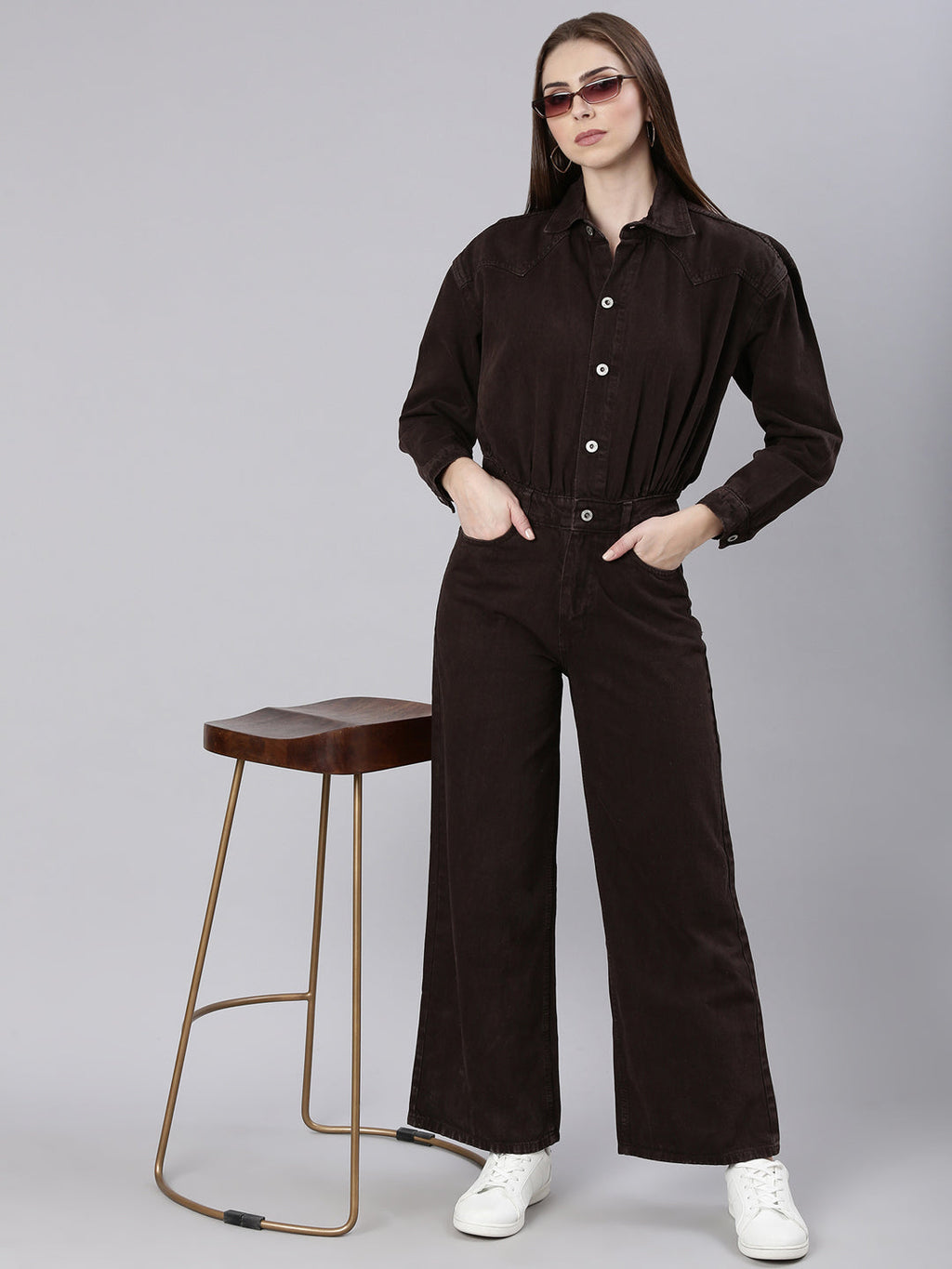 Women's Coffee Brown Shirt Collar Cotton Basic Jumpsuit