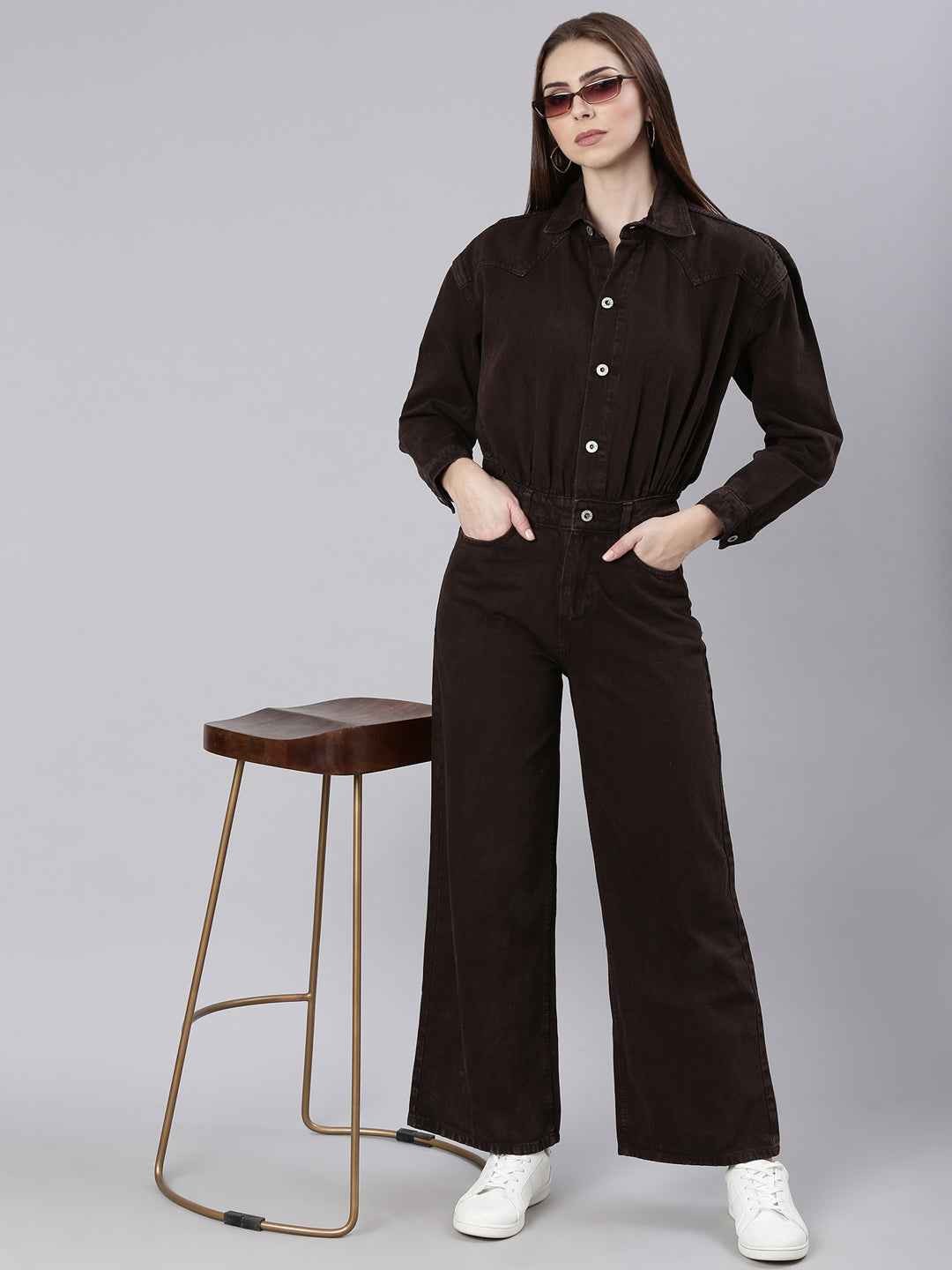 Women's Coffee Brown Shirt Collar Cotton Basic Jumpsuit