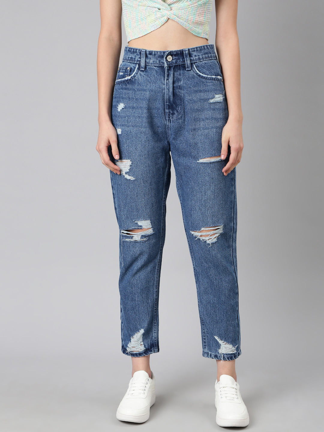 Women's Blue Solid Mom Fit Denim Jeans