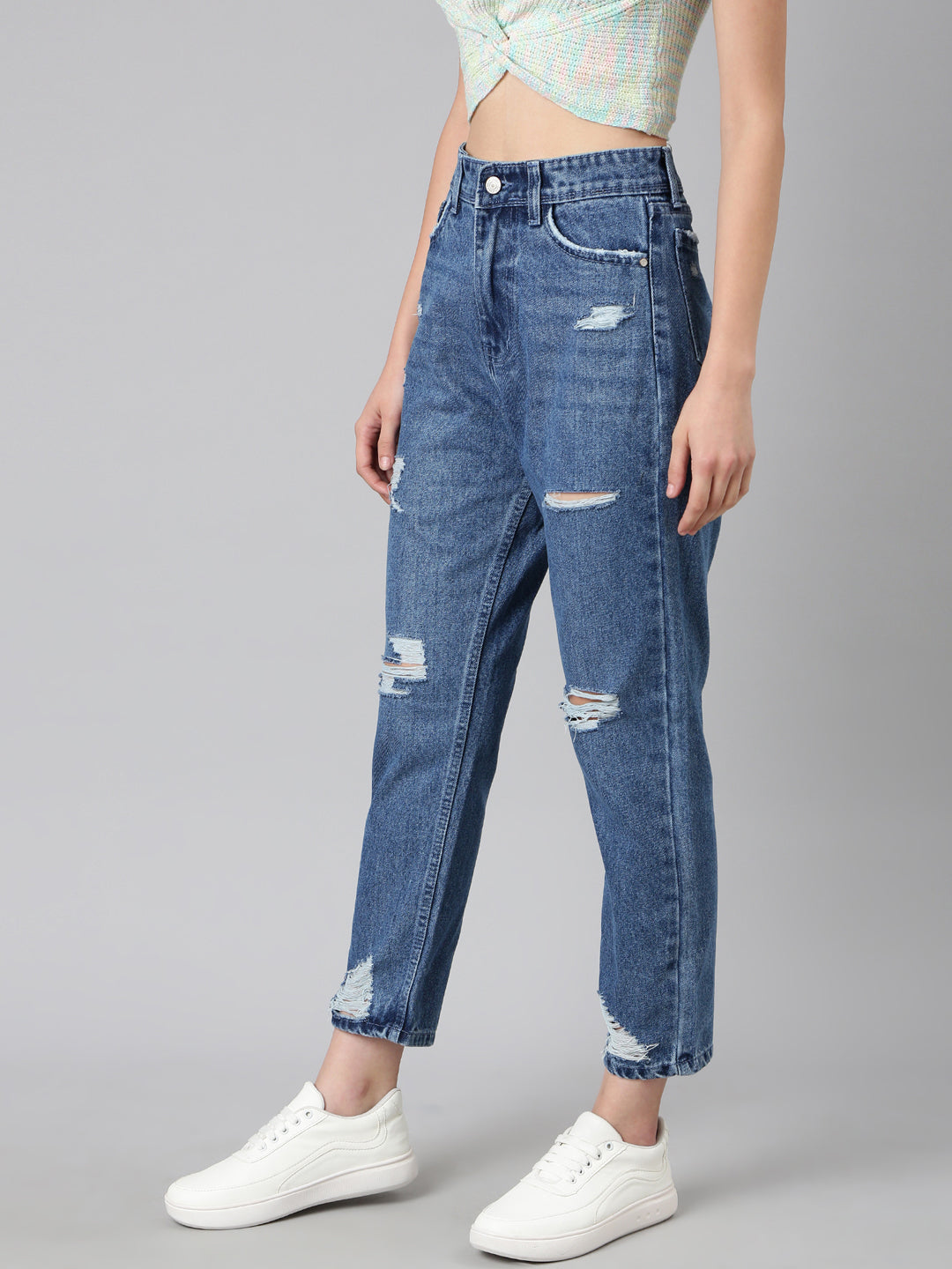 Women's Blue Solid Mom Fit Denim Jeans